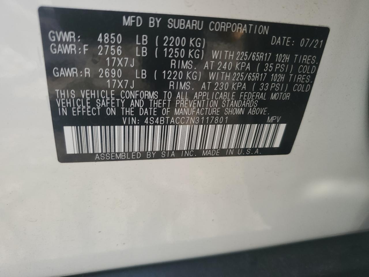 2022 SUBARU OUTBACK PREMIUM VIN:4S4BTACC7N3117801