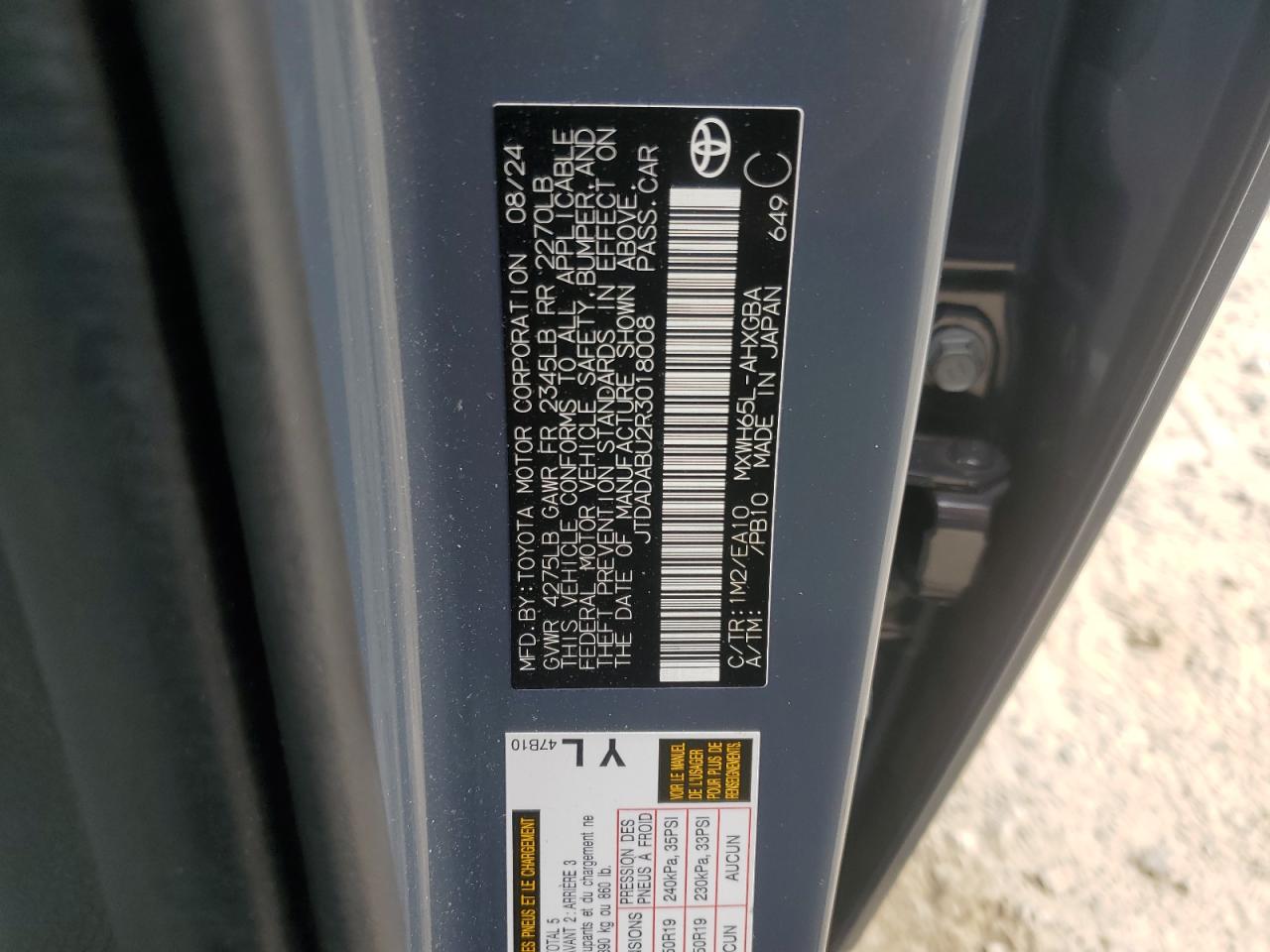 2024 TOYOTA PRIUS LE VIN:JTDADABU2R3018008