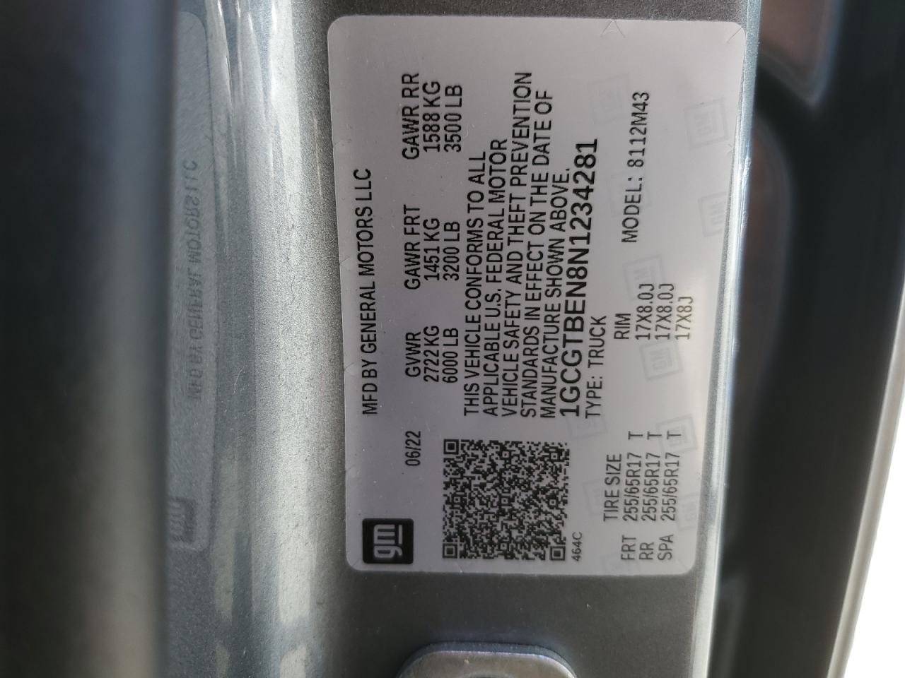 2022 CHEVROLET COLORADO VIN:1GCGTBEN8N1234281