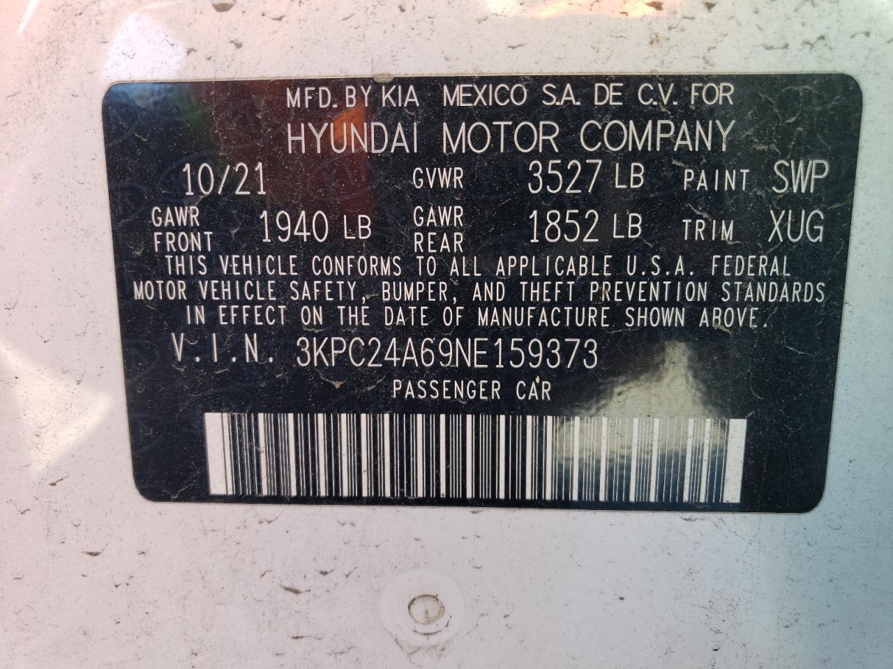 2022 HYUNDAI ACCENT SE VIN:3KPC24A69NE159373
