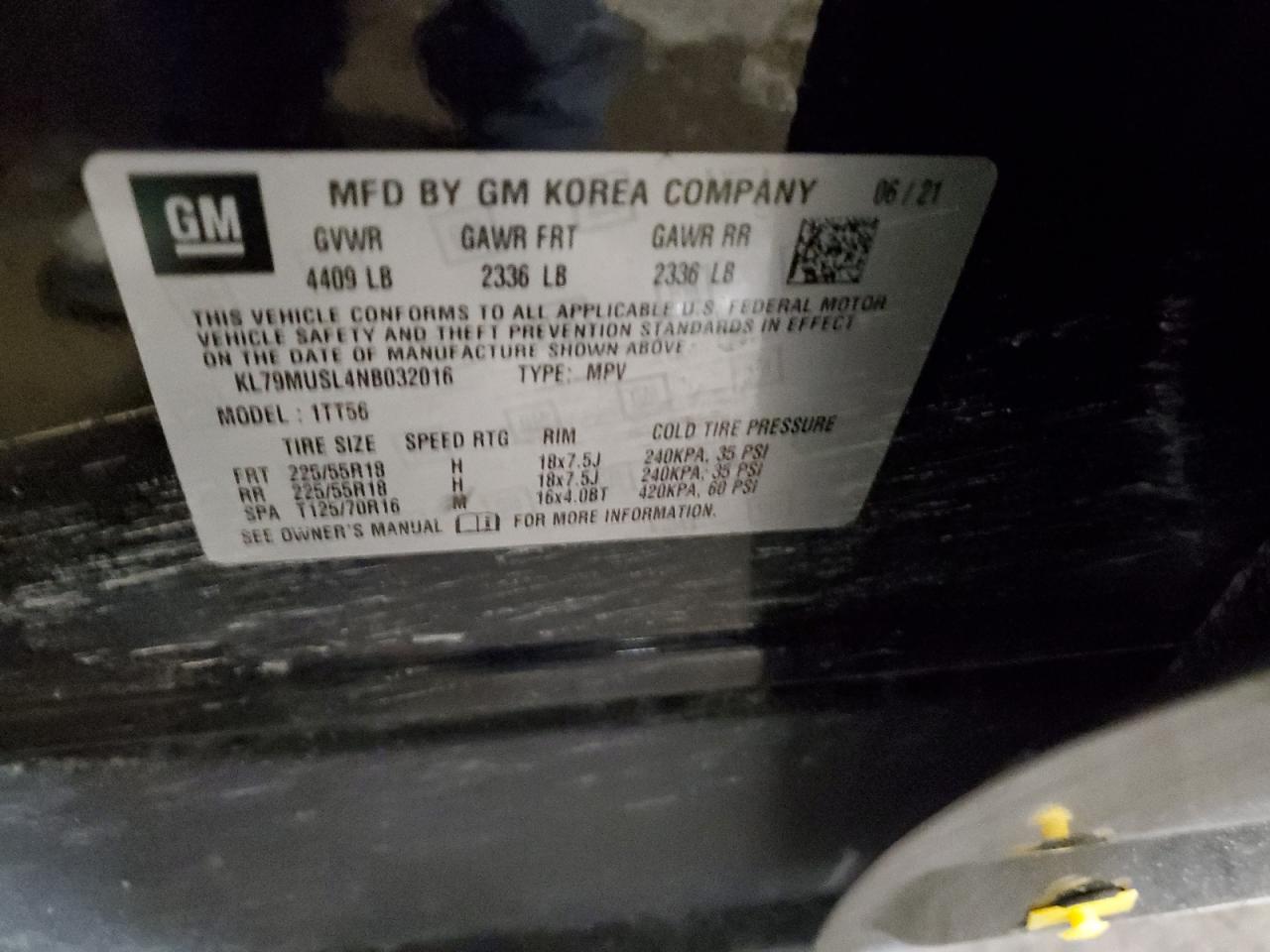 2022 CHEVROLET TRAILBLAZER RS VIN:KL79MUSL4NB032016