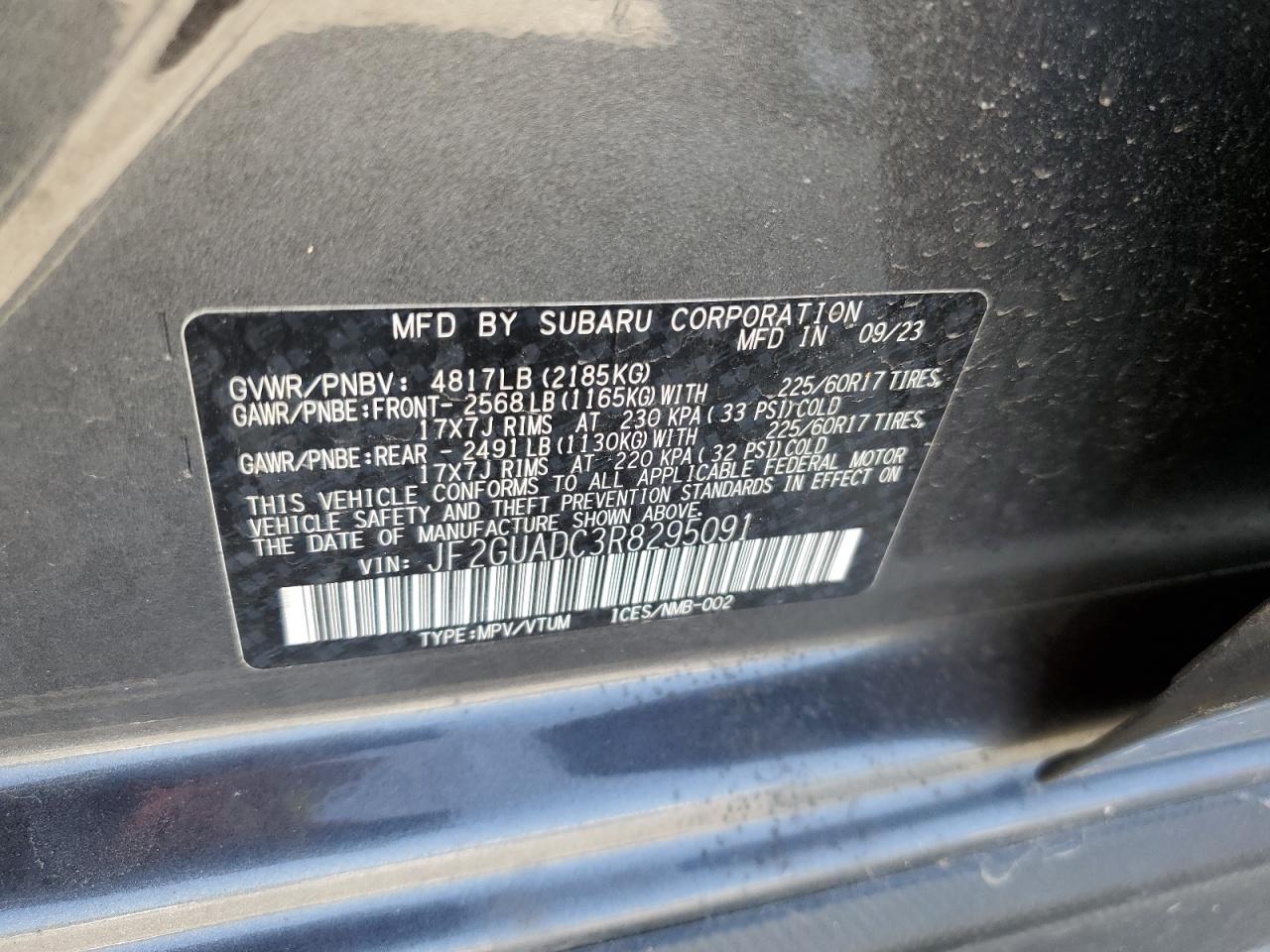 2024 SUBARU CROSSTREK PREMIUM VIN:JF2GUADC3R8295091