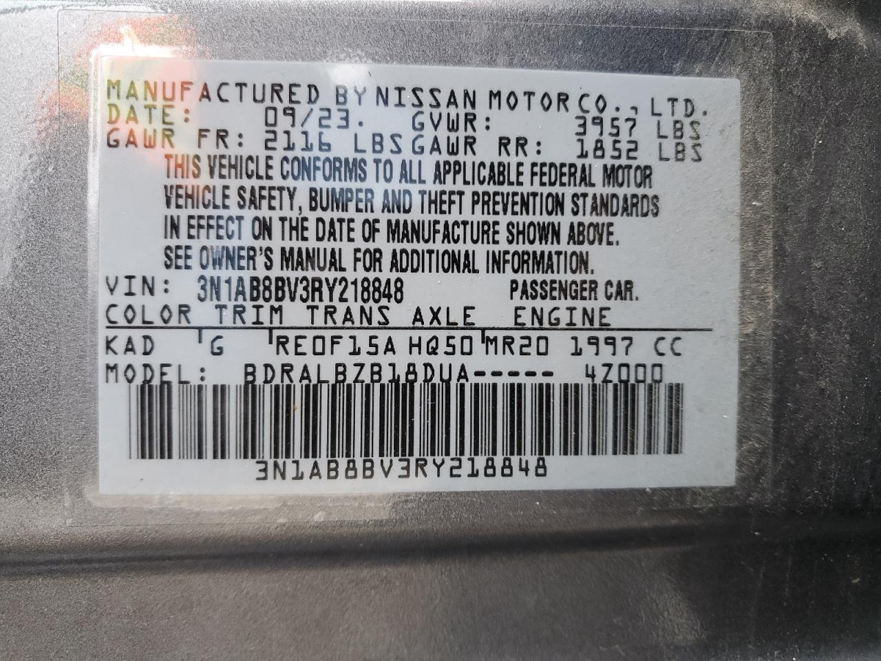 2024 NISSAN SENTRA S VIN:3N1AB8BV3RY218848