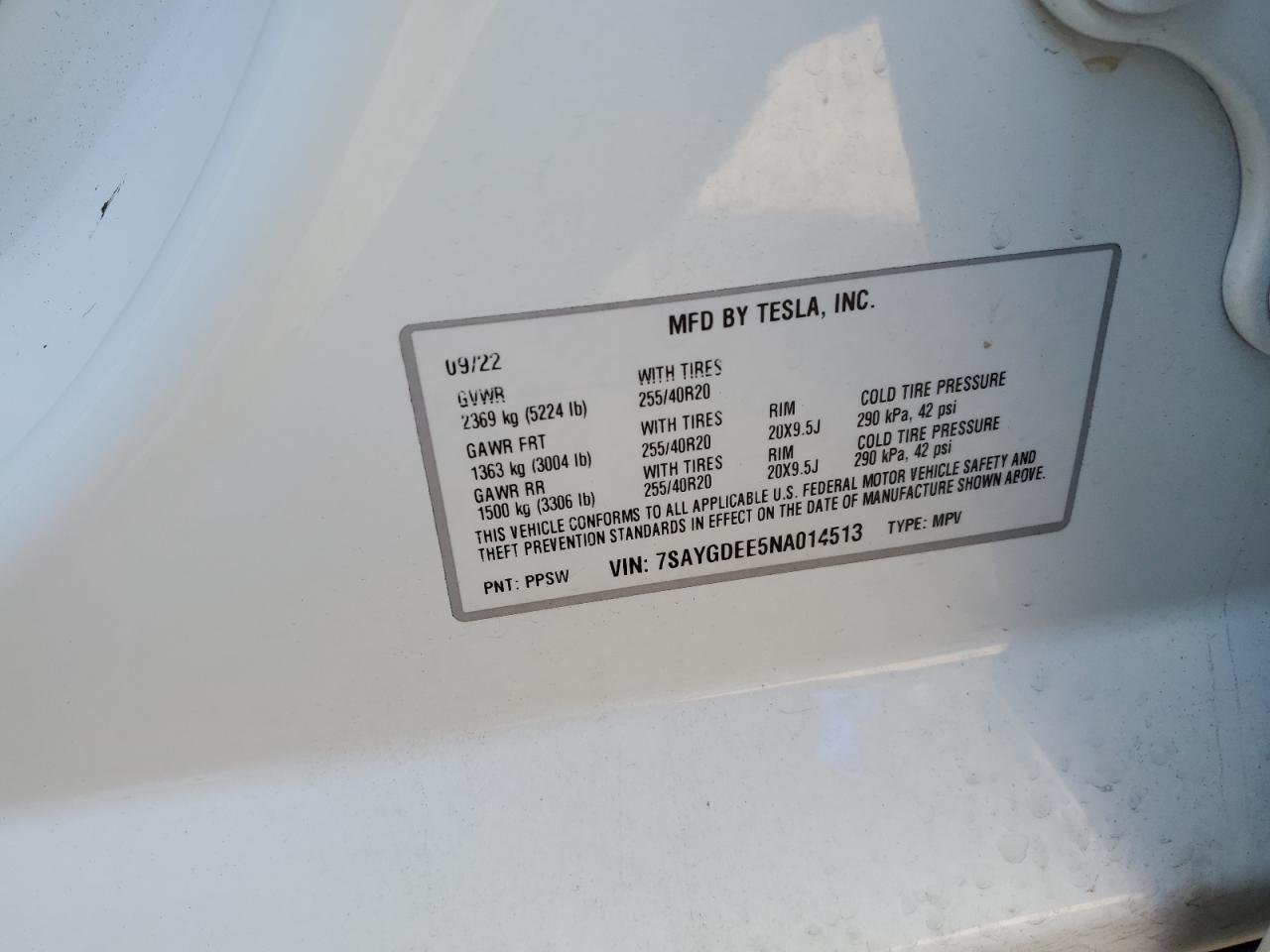 2022 TESLA MODEL Y VIN:7SAYGDEE5NA014513