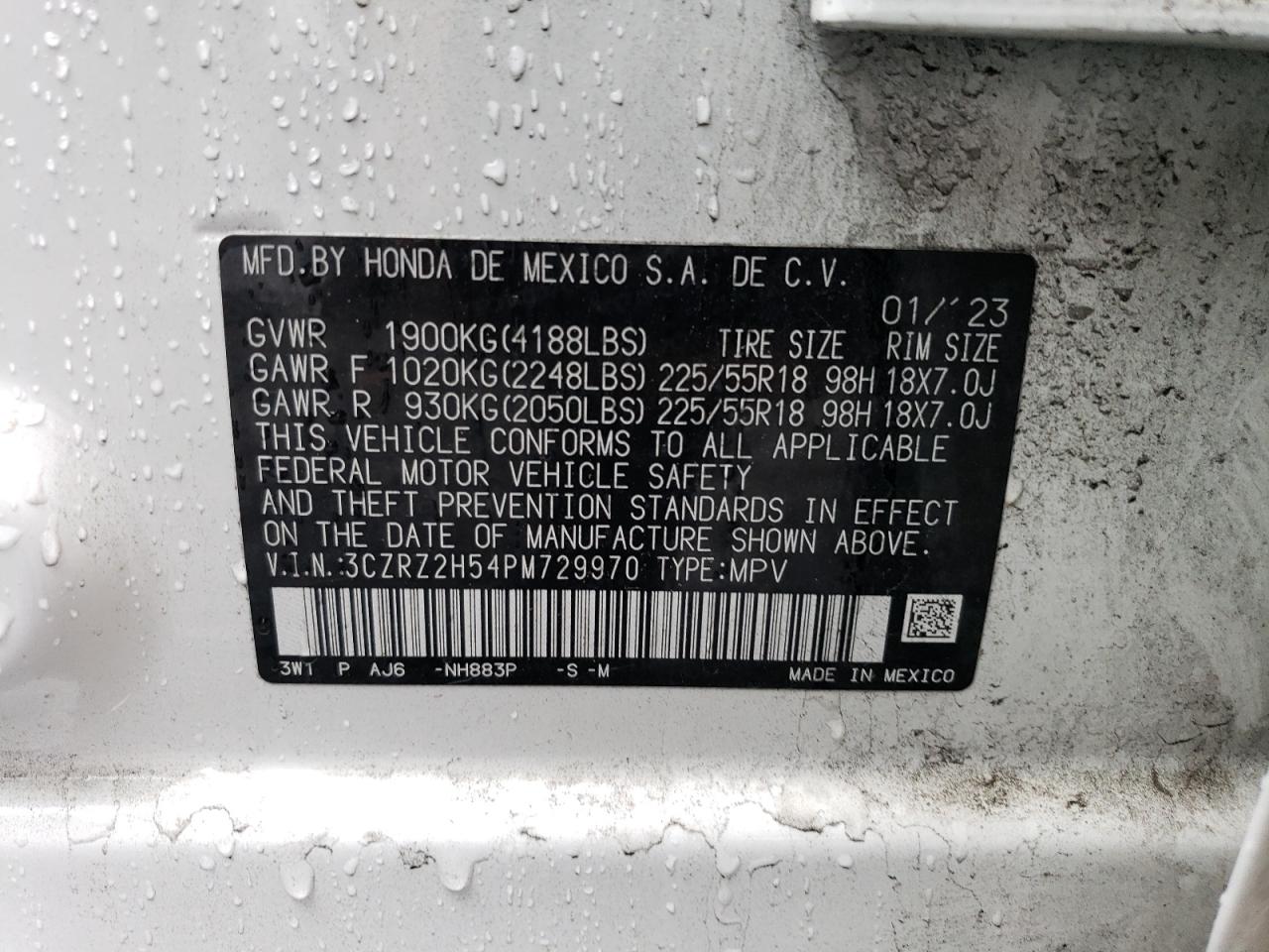2023 HONDA HR-V SPORT VIN:3CZRZ2H54PM729970