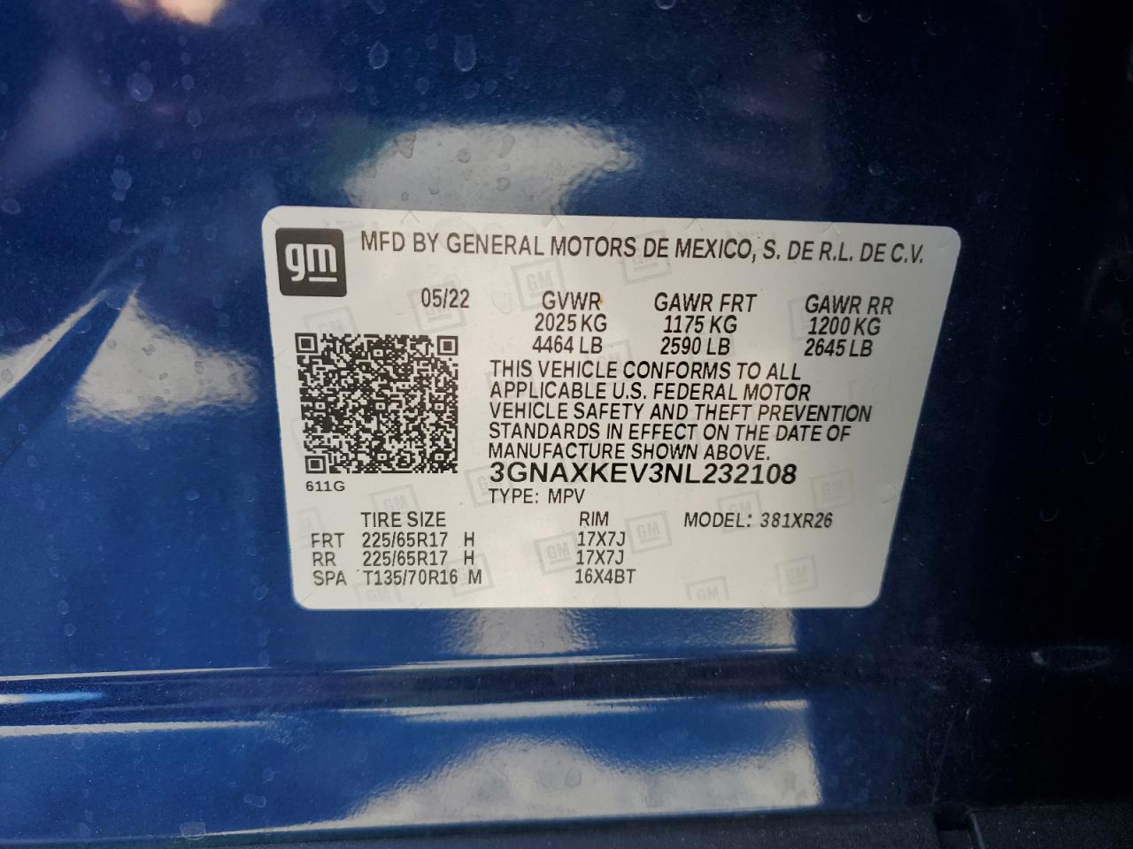 2022 CHEVROLET EQUINOX LT VIN:3GNAXKEV3NL232108