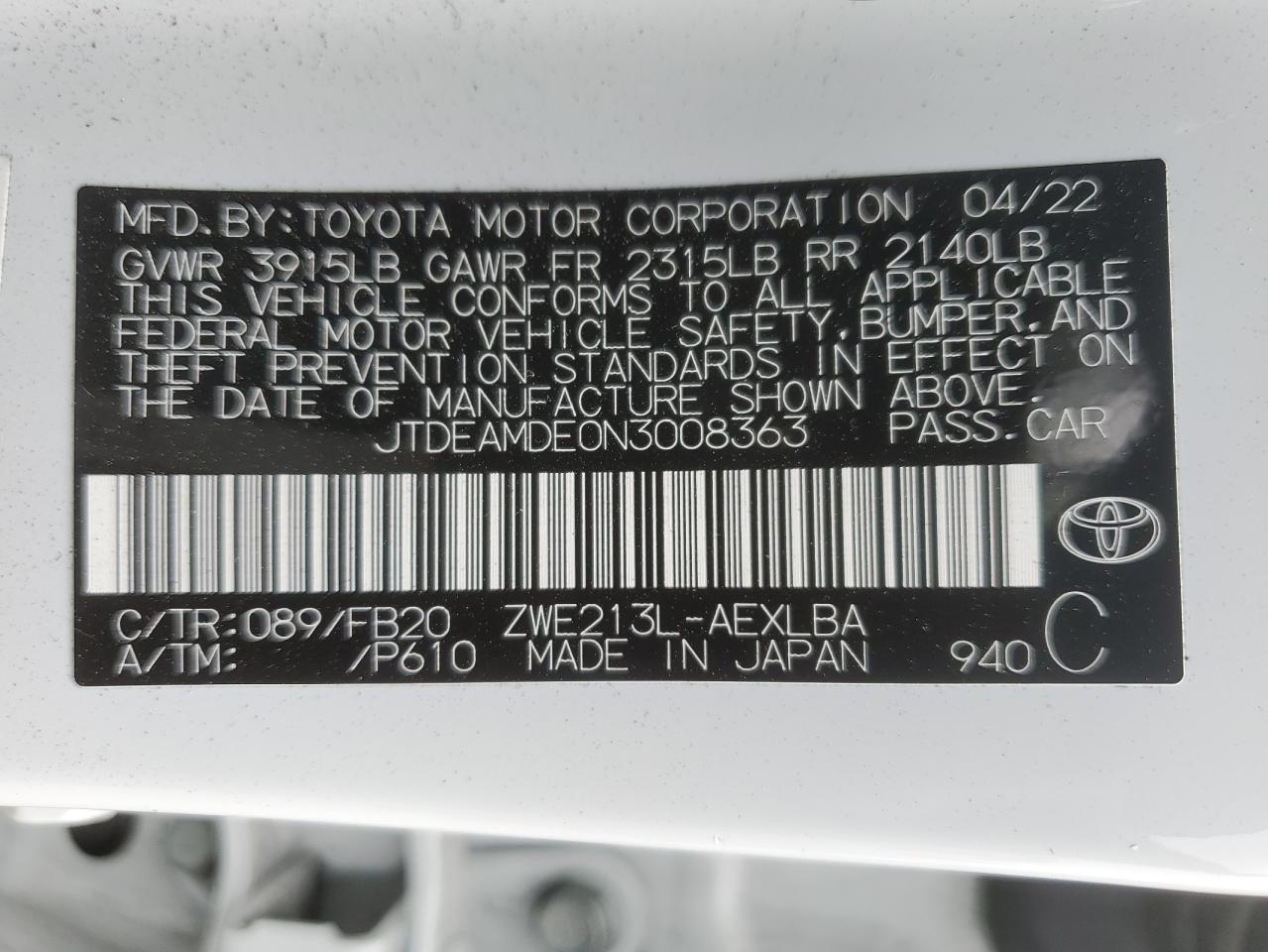 2022 TOYOTA COROLLA LE VIN:JTDEAMDE0N3008363
