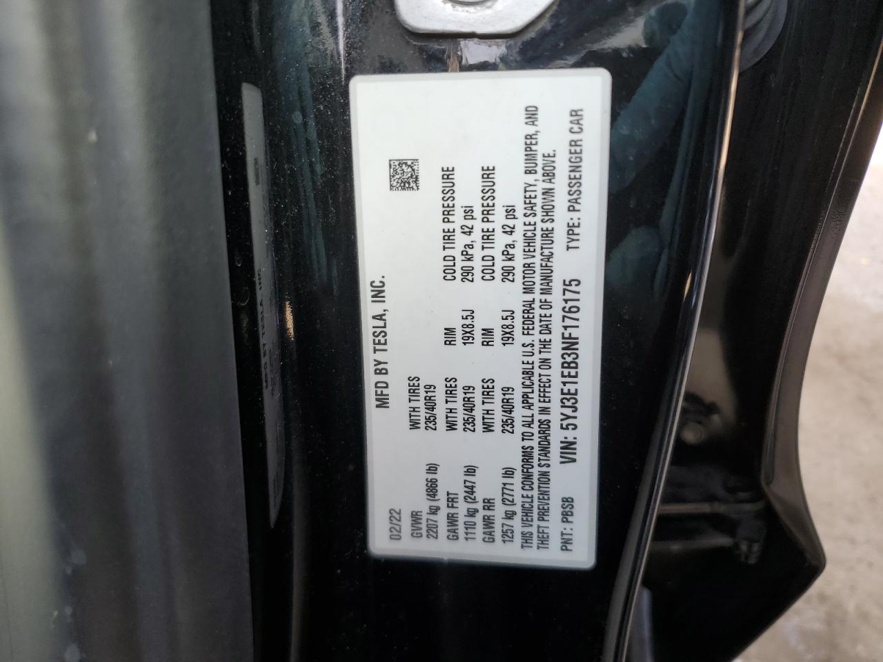 2022 TESLA MODEL 3 VIN:5YJ3E1EB3NF176175
