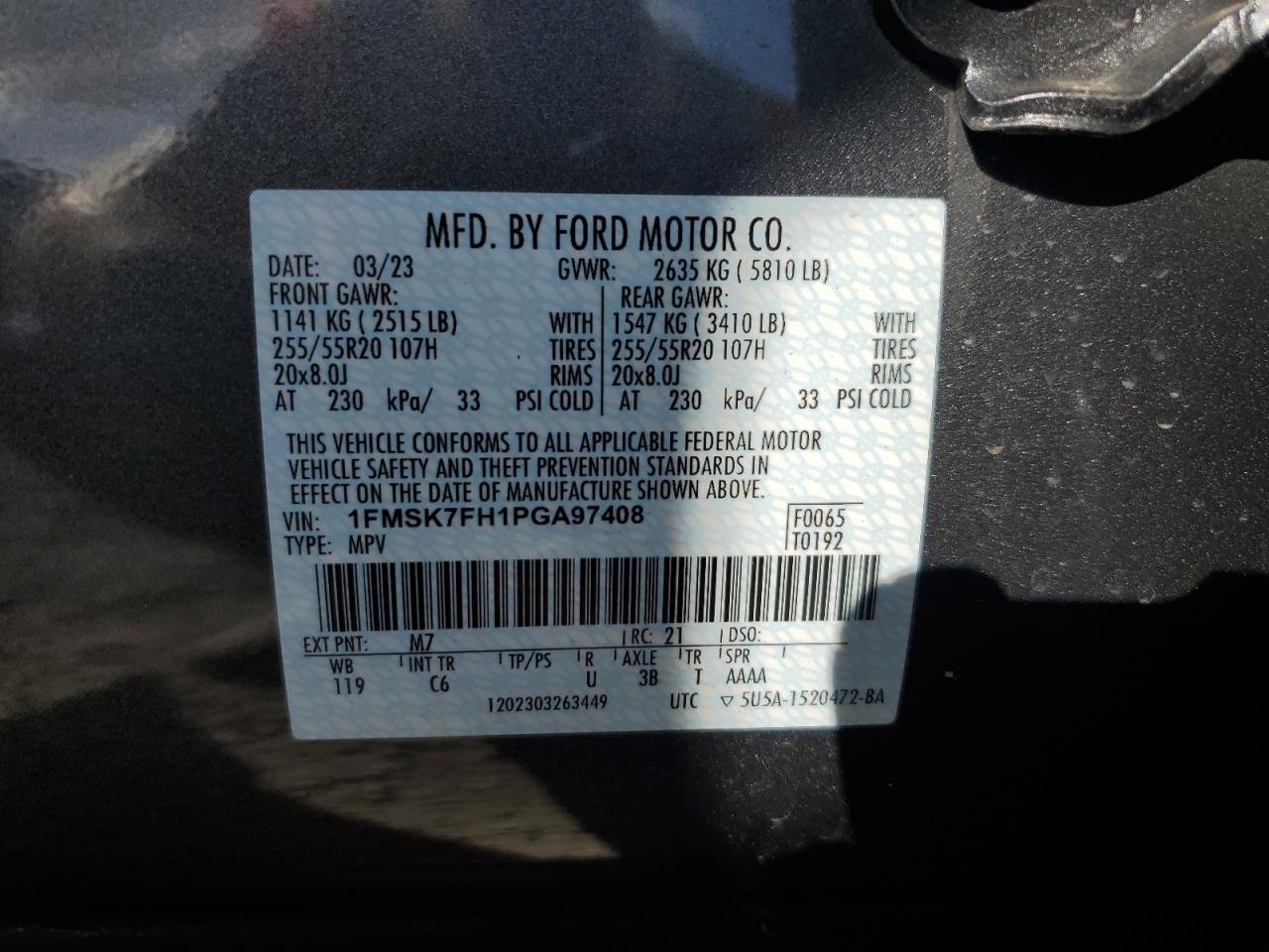 2023 FORD EXPLORER LIMITED VIN:1FMSK7FH1PGA97408