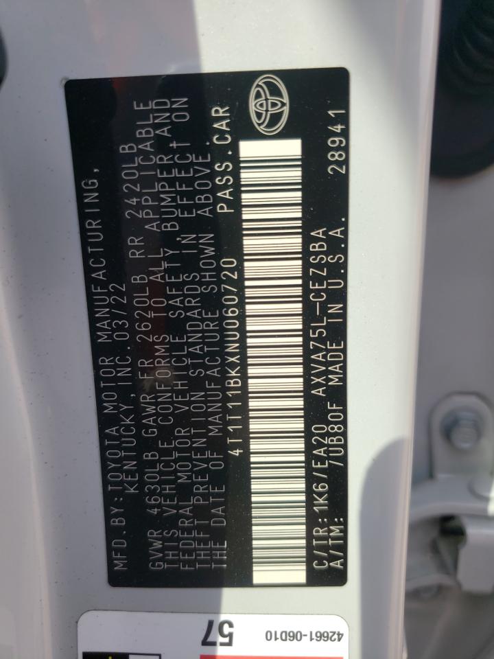 2022 TOYOTA CAMRY SE VIN:4T1T11BKXNU060720