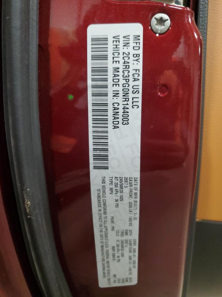 2022 CHRYSLER PACIFICA PINNACLE VIN:2C4RC3PG0NR144003