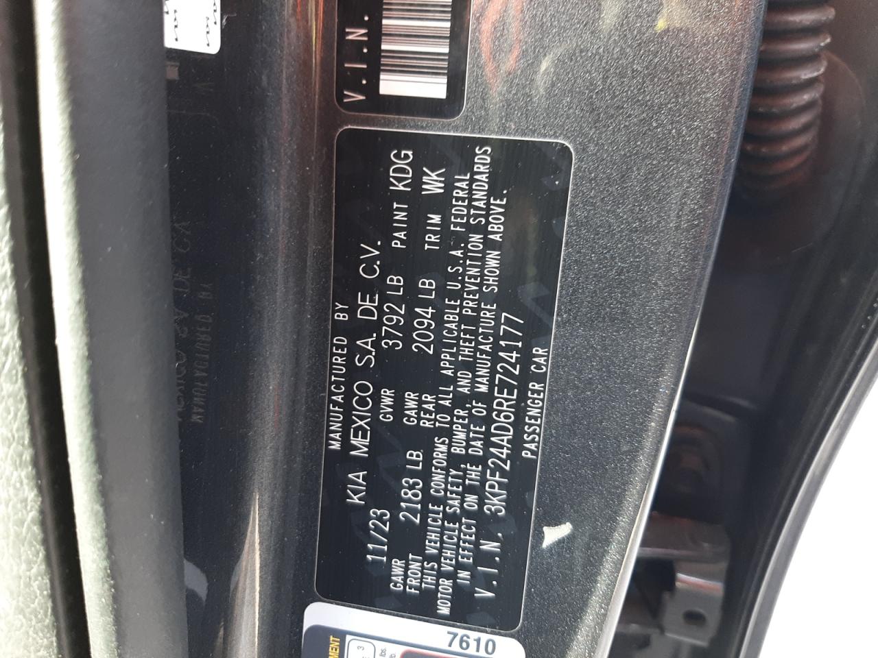 2024 KIA FORTE LX VIN:3KPF24AD6RE724177