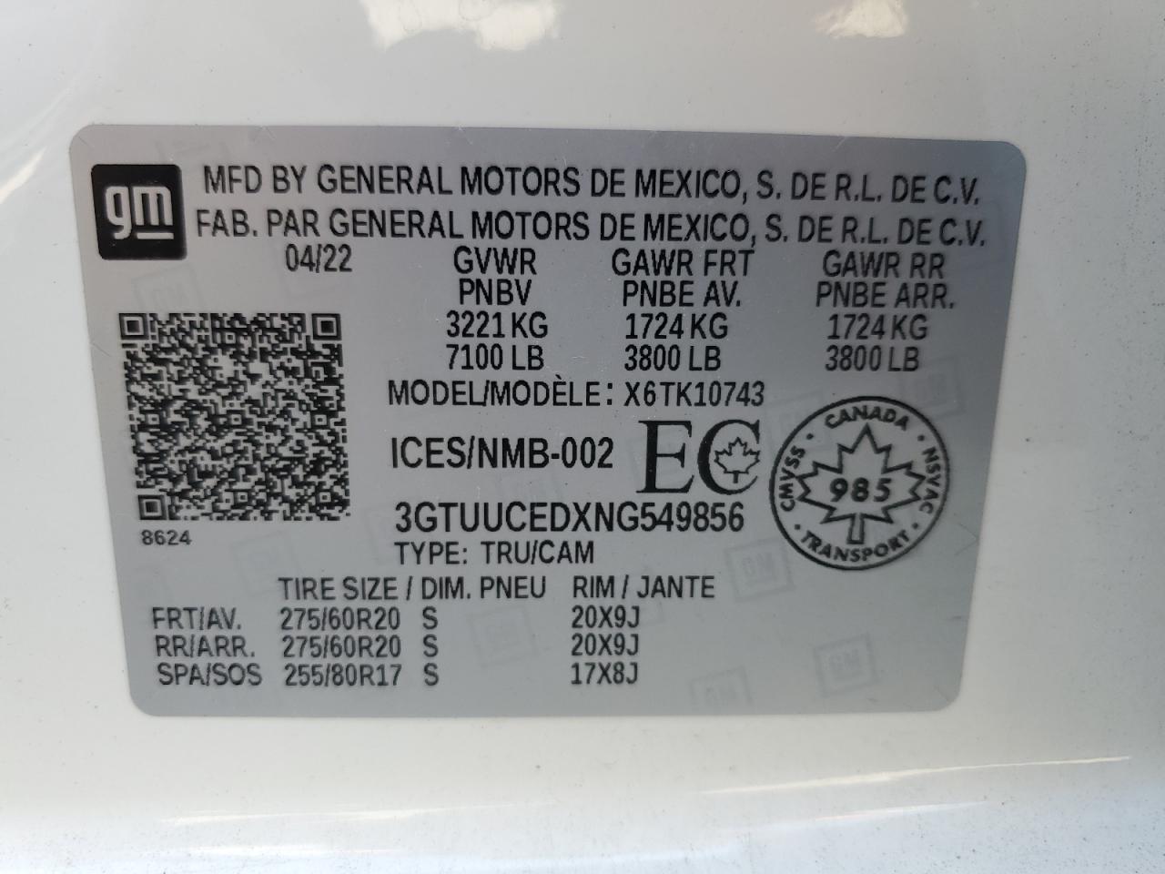 2022 GMC SIERRA K1500 ELEVATION VIN:3GTUUCEDXNG549856