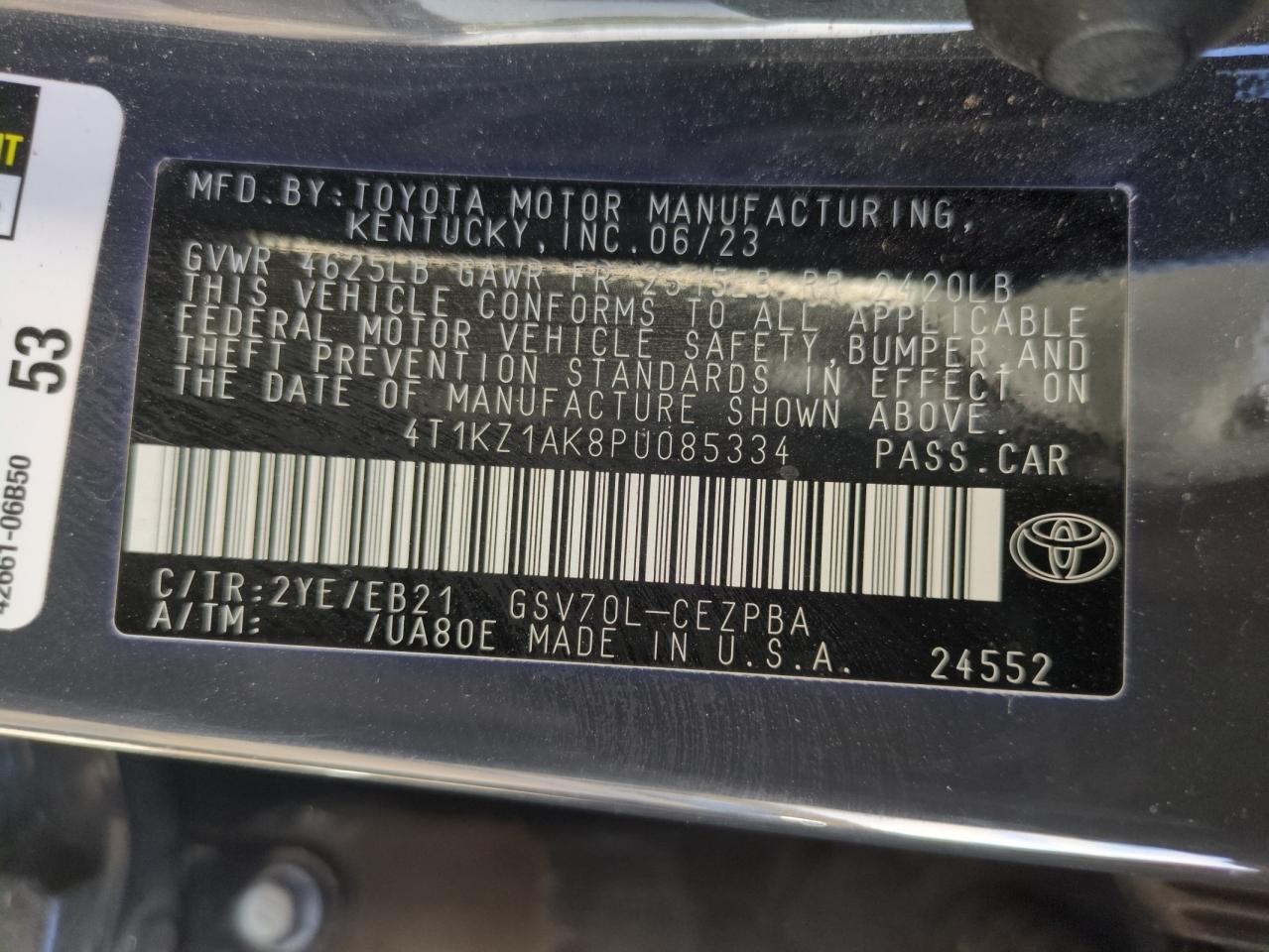 2023 TOYOTA CAMRY TRD VIN:4T1KZ1AK8PU085334