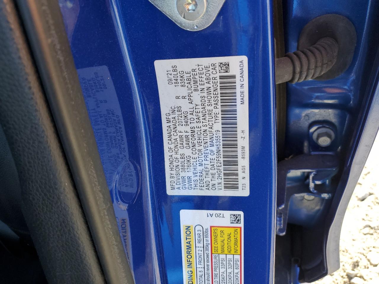 2022 HONDA CIVIC SPORT VIN:2HGFE2F59NH535519