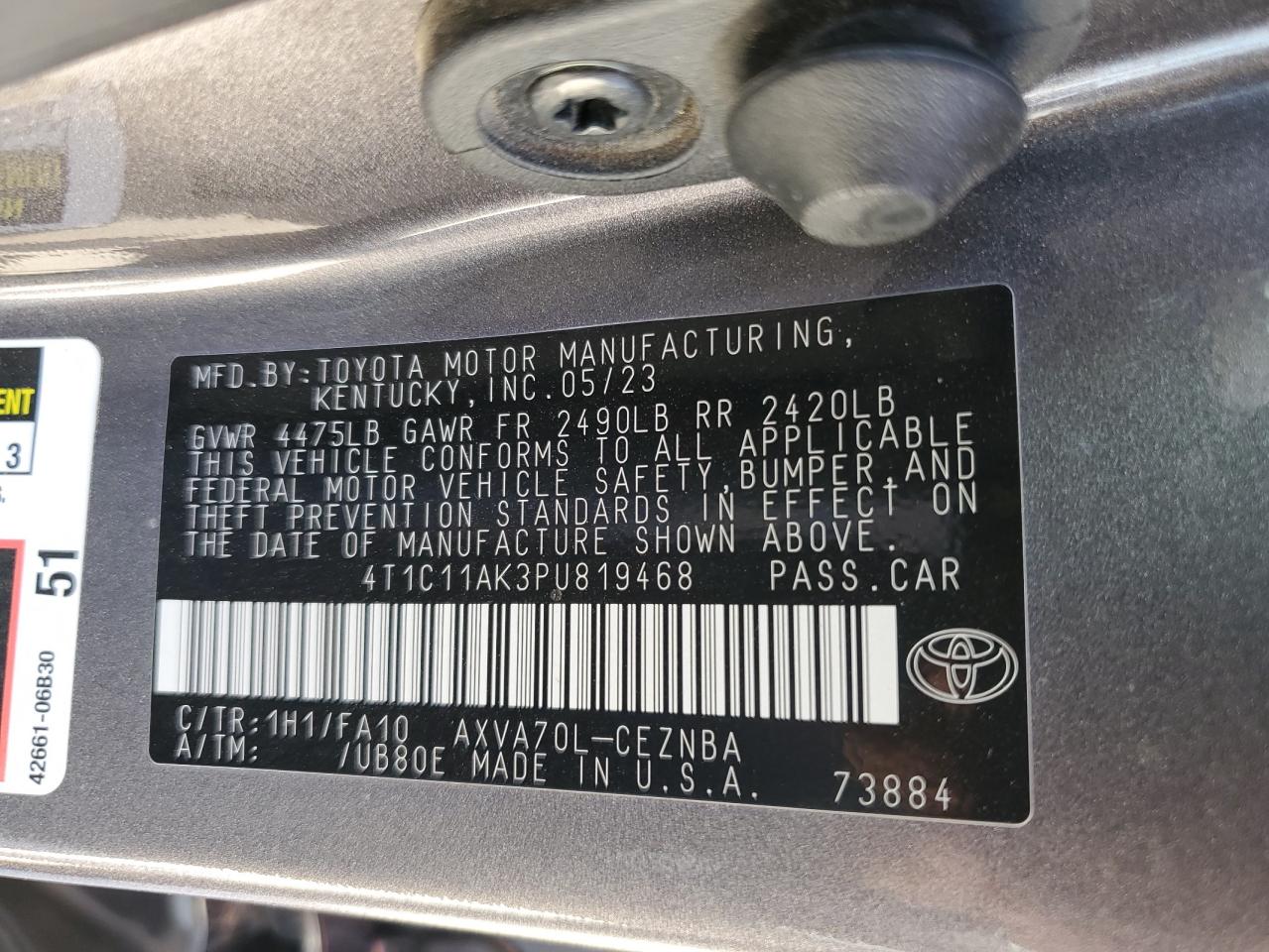 2023 TOYOTA CAMRY LE VIN:4T1C11AK3PU819468