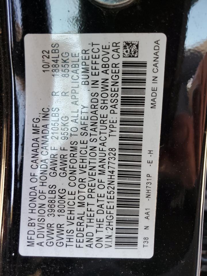 2022 HONDA CIVIC SI VIN:2HGFE1E52NH477328