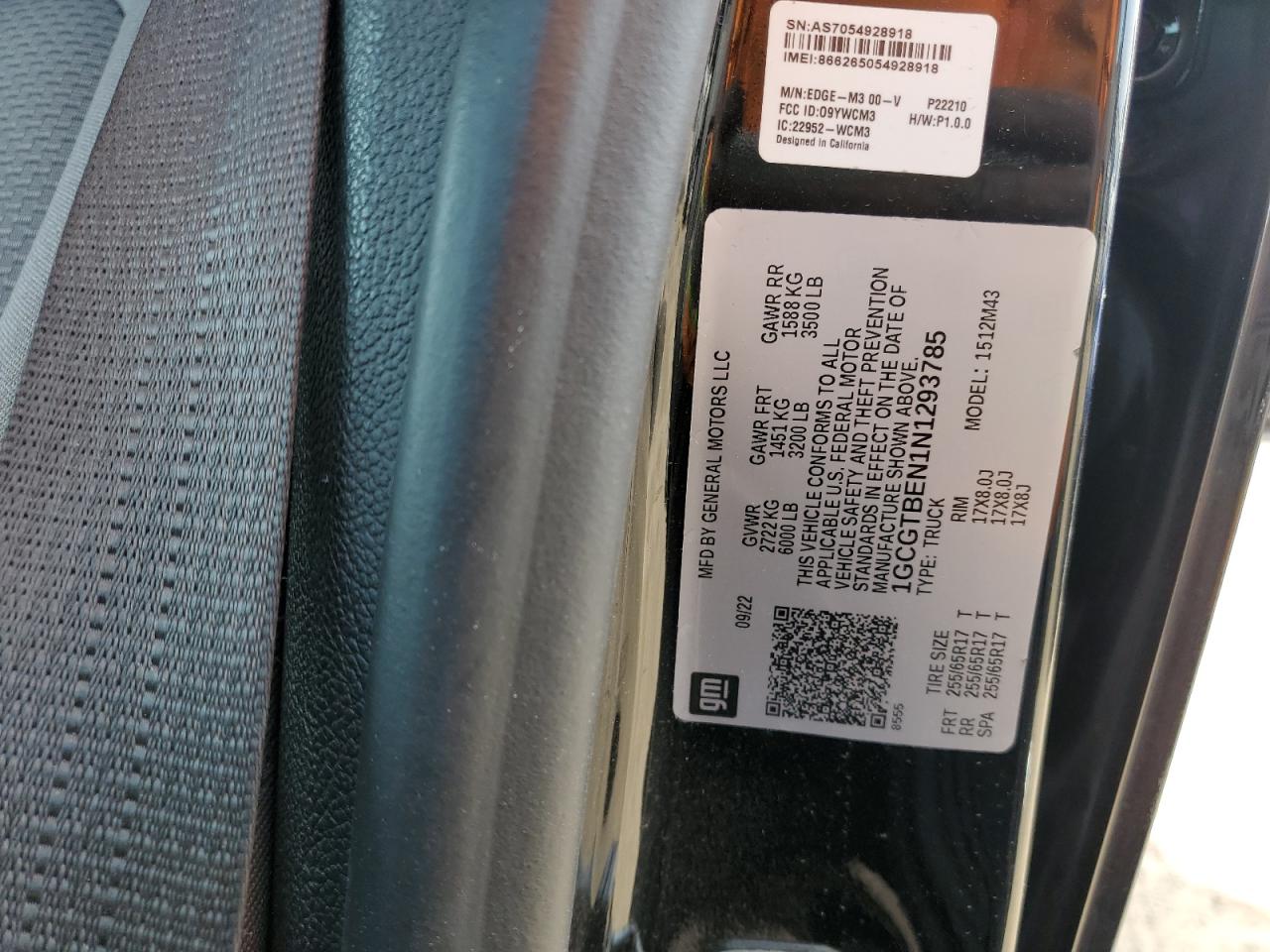 2022 CHEVROLET COLORADO VIN:1GCGTBEN1N1293785