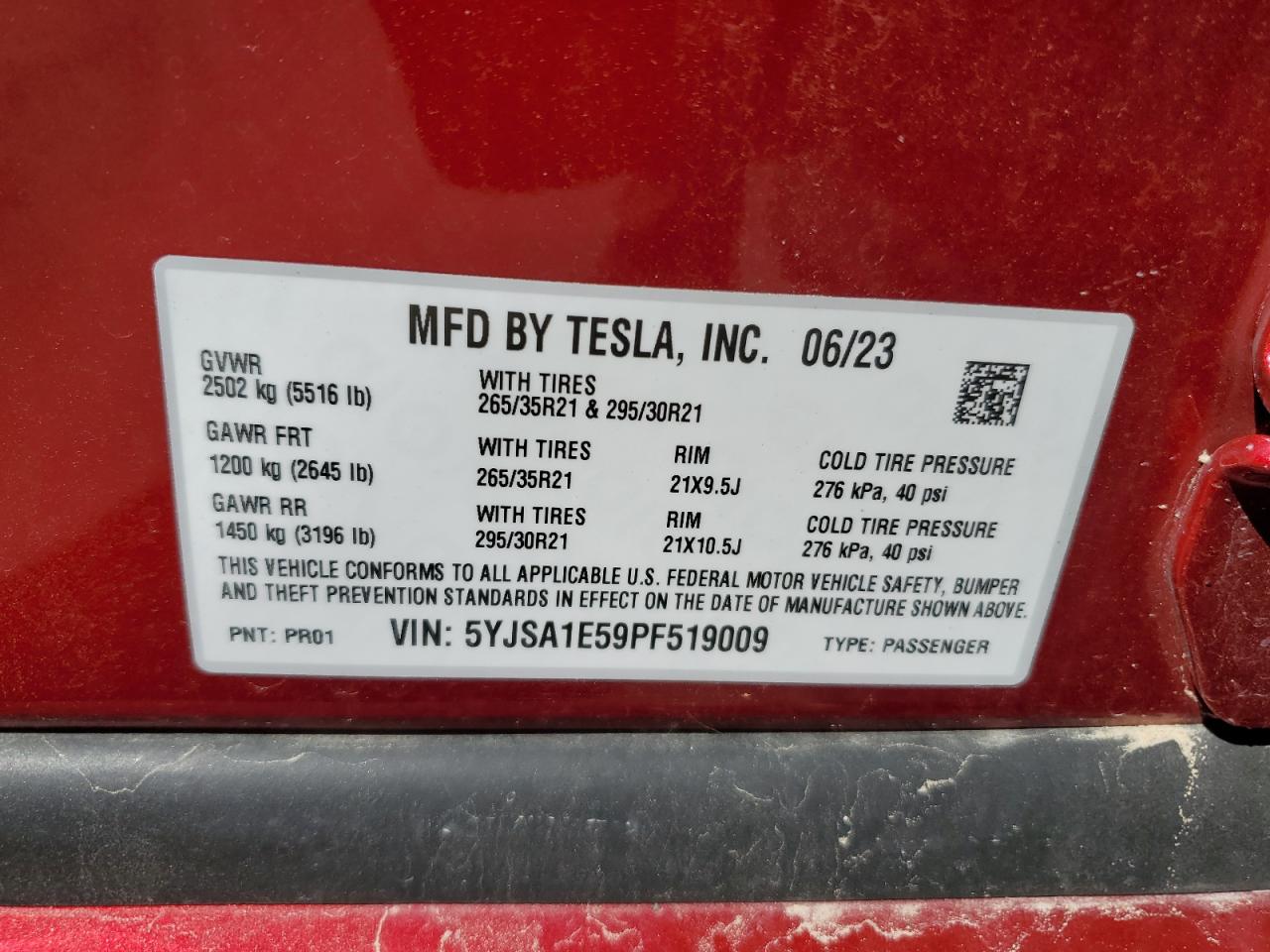 2023 TESLA MODEL S VIN:5YJSA1E59PF519009