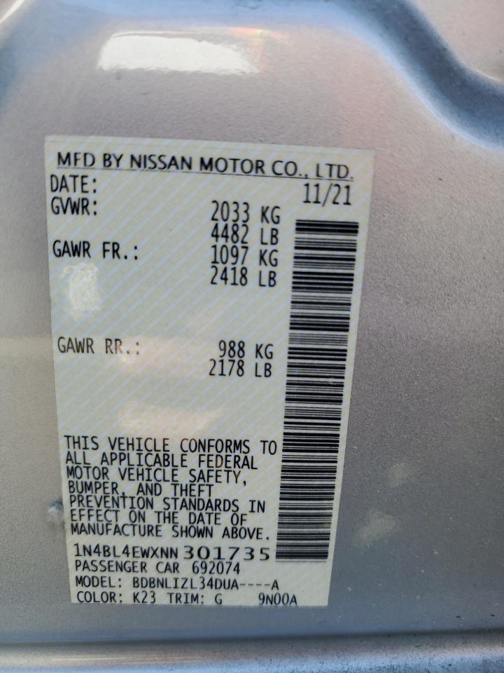2022 NISSAN ALTIMA SL VIN:1N4BL4EWXNN301735