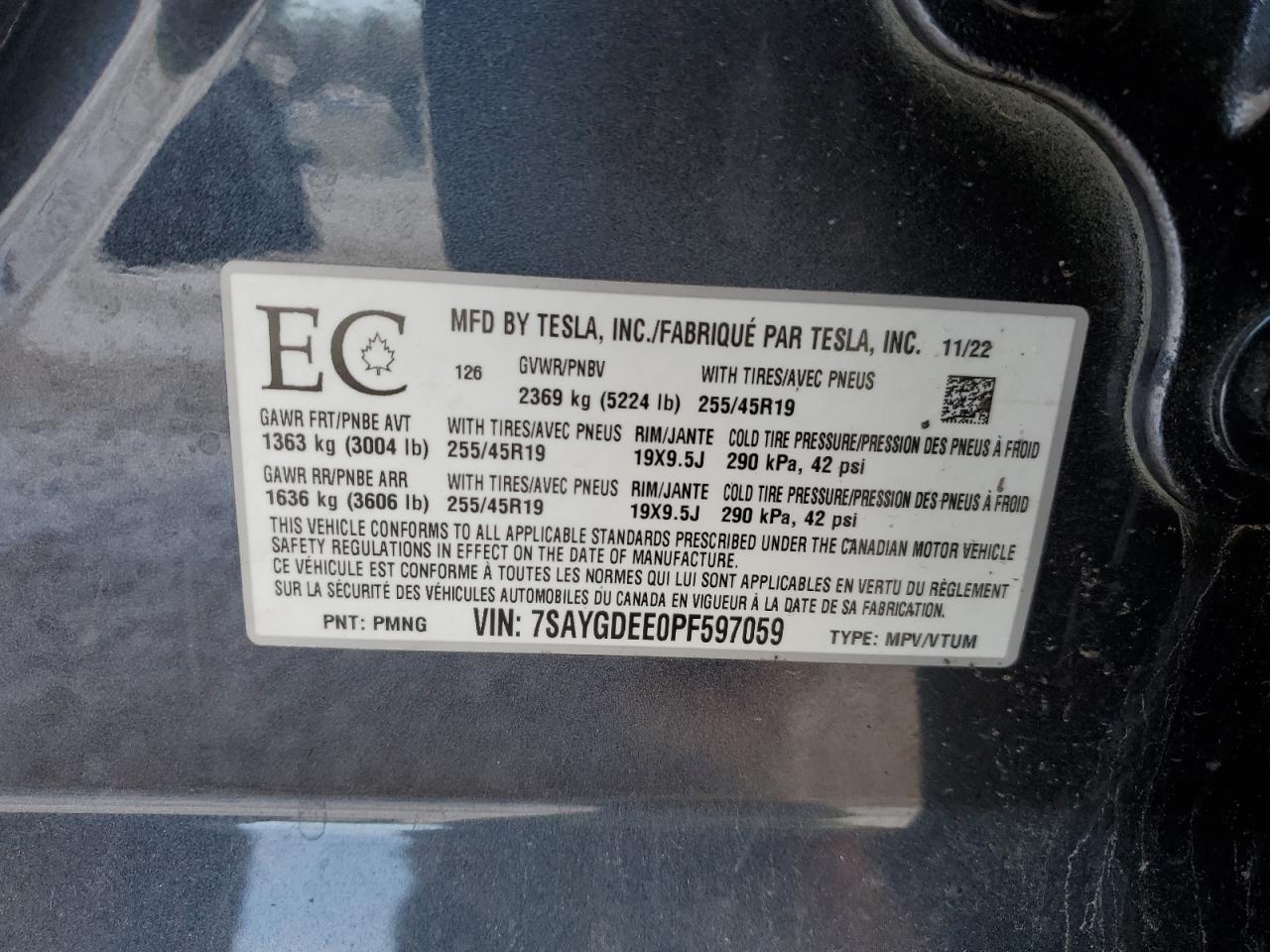 2023 TESLA MODEL Y VIN:7SAYGDEE0PF597059