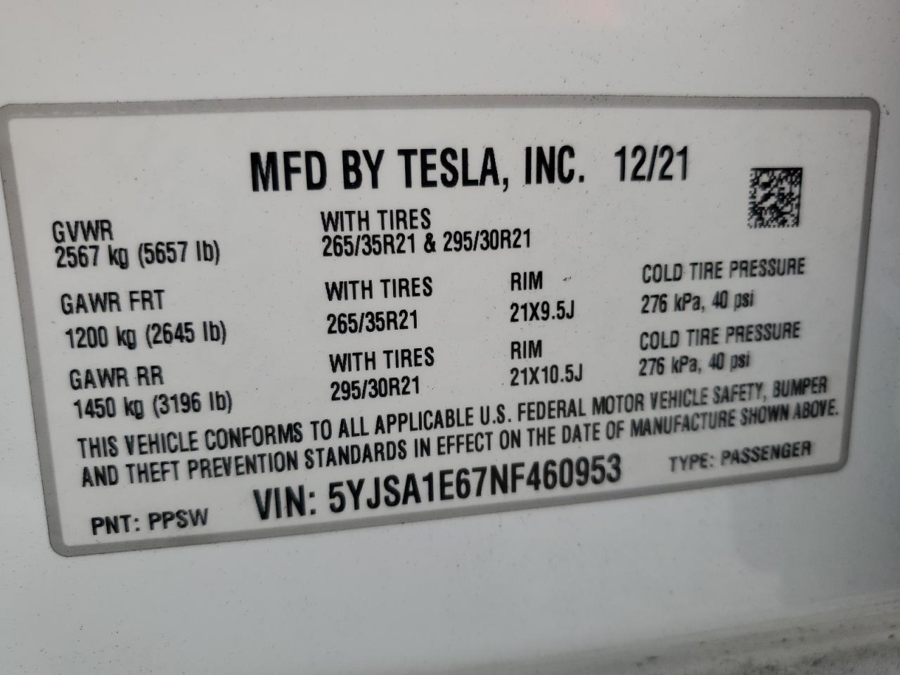 2022 TESLA MODEL S VIN:5YJSA1E67NF460953