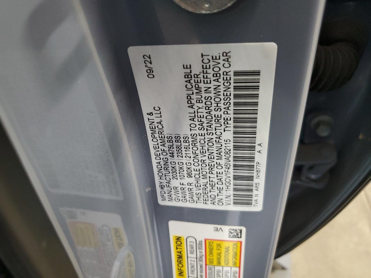 2022 HONDA ACCORD SPORT SE VIN:1HGCV1F45NA082115