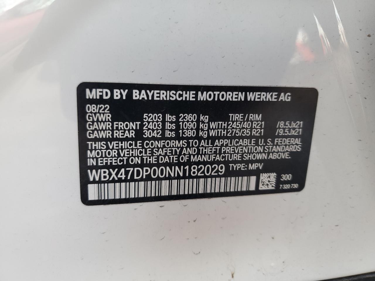 2022 BMW X3 SDRIVE30I VIN:WBX47DP00NN182029
