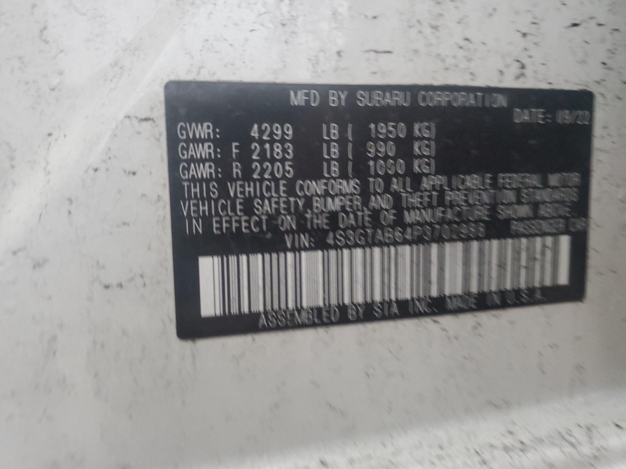 2023 SUBARU IMPREZA VIN:4S3GTAB64P3702988