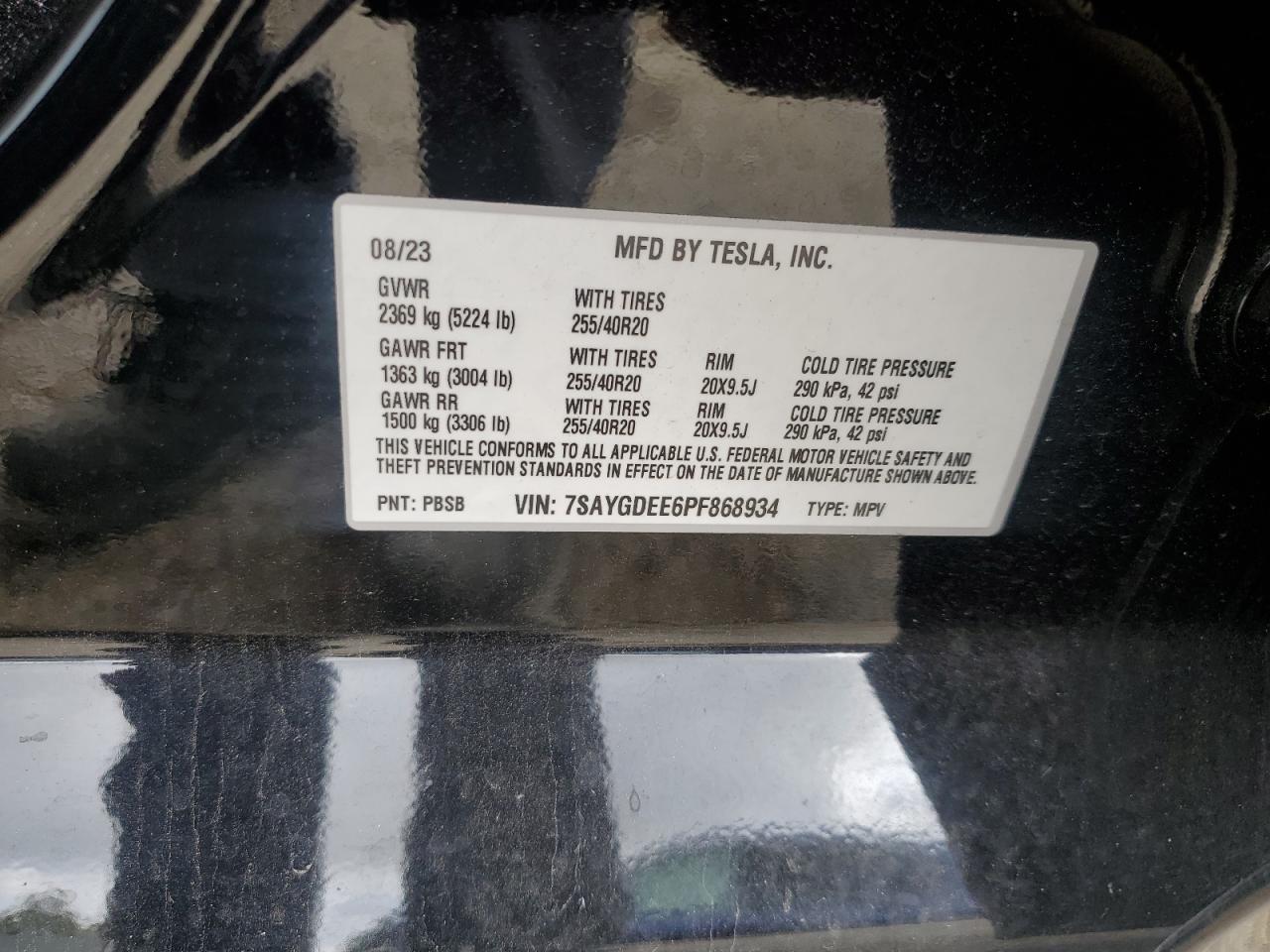 2023 TESLA MODEL Y VIN:7SAYGDEE6PF868934