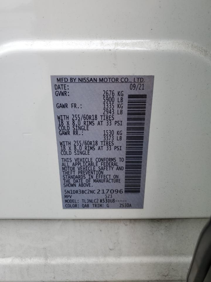 2022 NISSAN PATHFINDER SV VIN:5N1DR3BC2NC217096