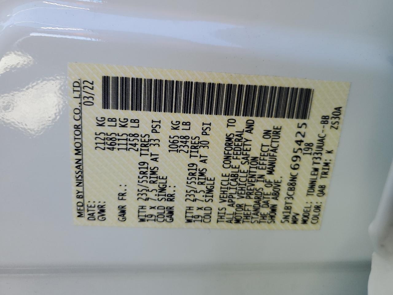 2022 NISSAN ROGUE SL VIN:5N1BT3CB8NC695425