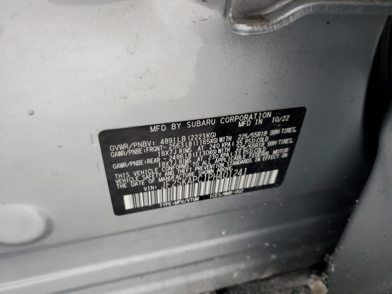 2023 SUBARU FORESTER LIMITED VIN:JF2SKAPC1PH401241