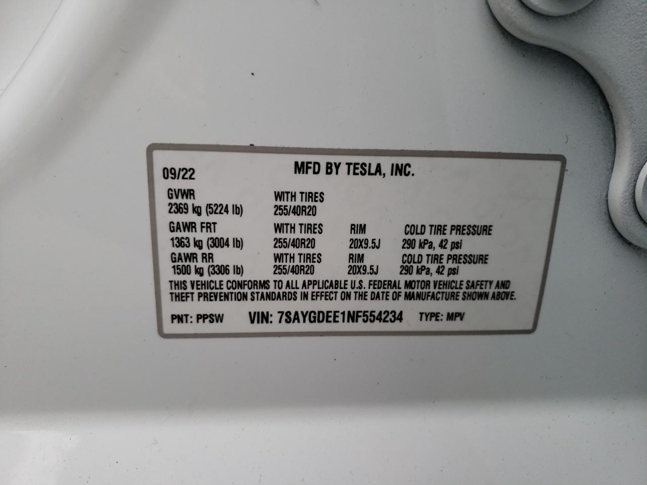 2022 TESLA MODEL Y VIN:7SAYGDEE1NF554234