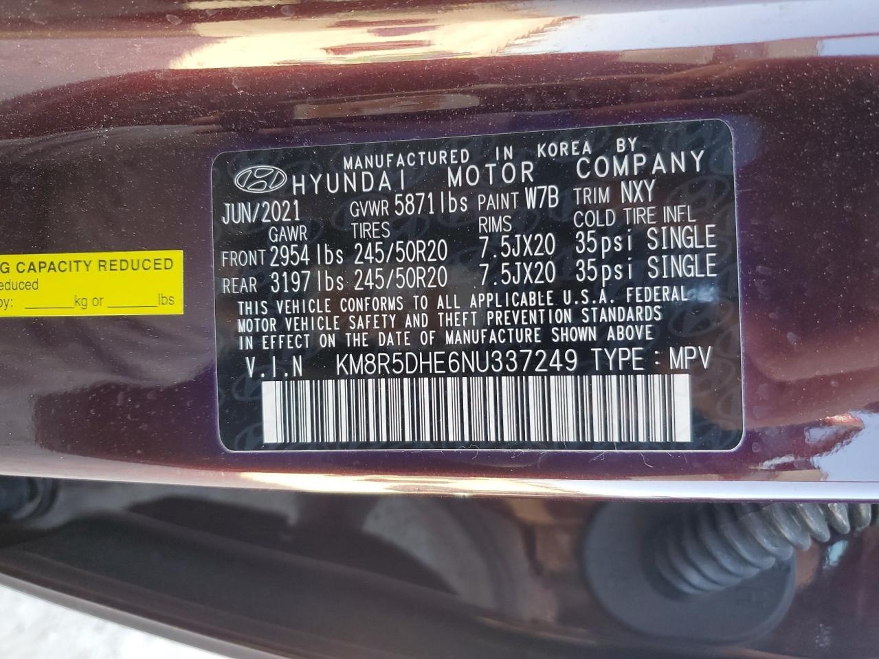 2022 HYUNDAI PALISADE LIMITED VIN:KM8R5DHE6NU337249