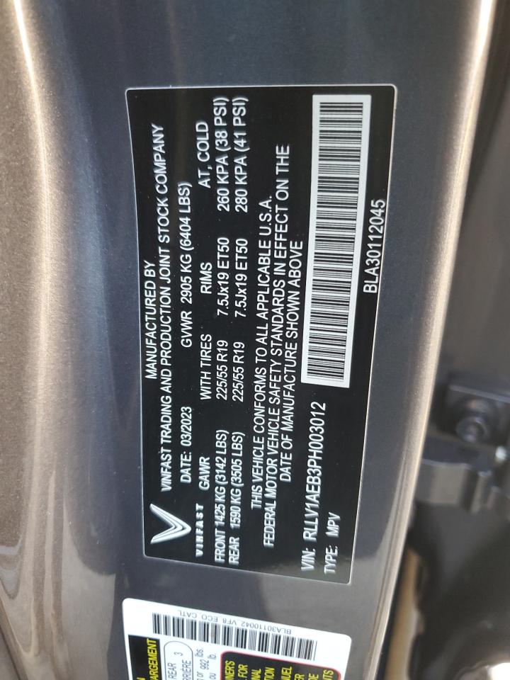 2023 VINFAST TRADING AND PRODUCTION LLC VF 8 ECO VIN:RLLV1AEB3PH003012