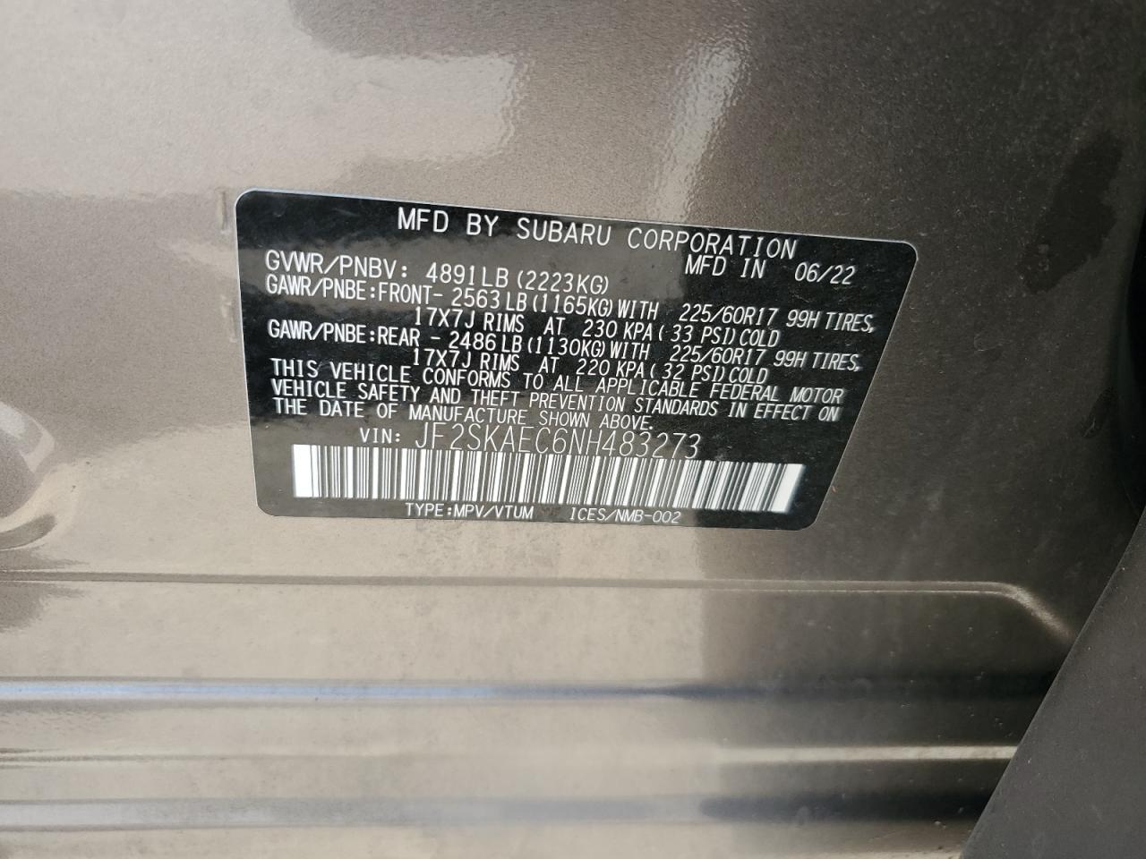 2022 SUBARU FORESTER PREMIUM VIN:JF2SKAEC6NH483273