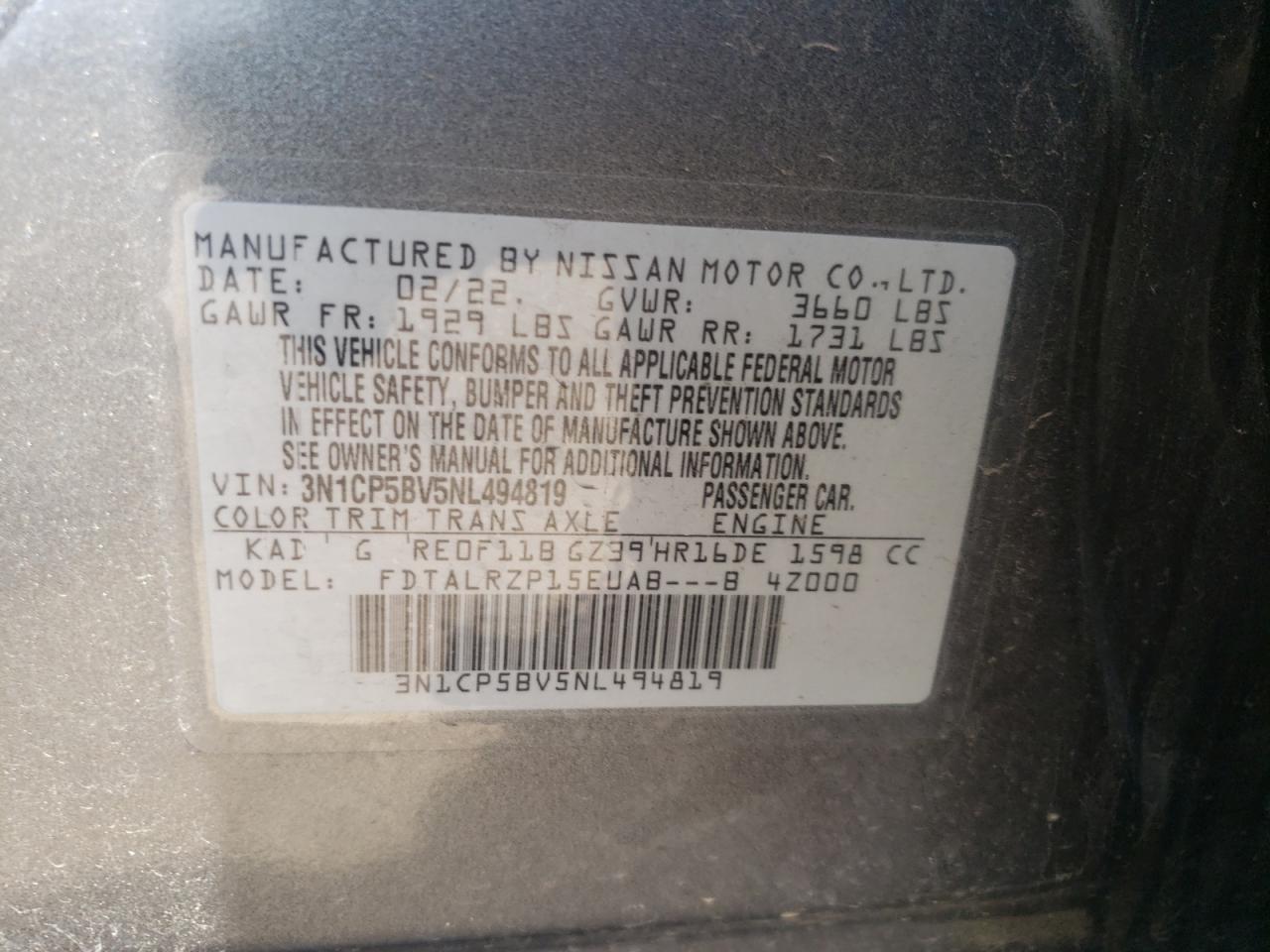 2022 NISSAN KICKS S VIN:3N1CP5BV5NL494819