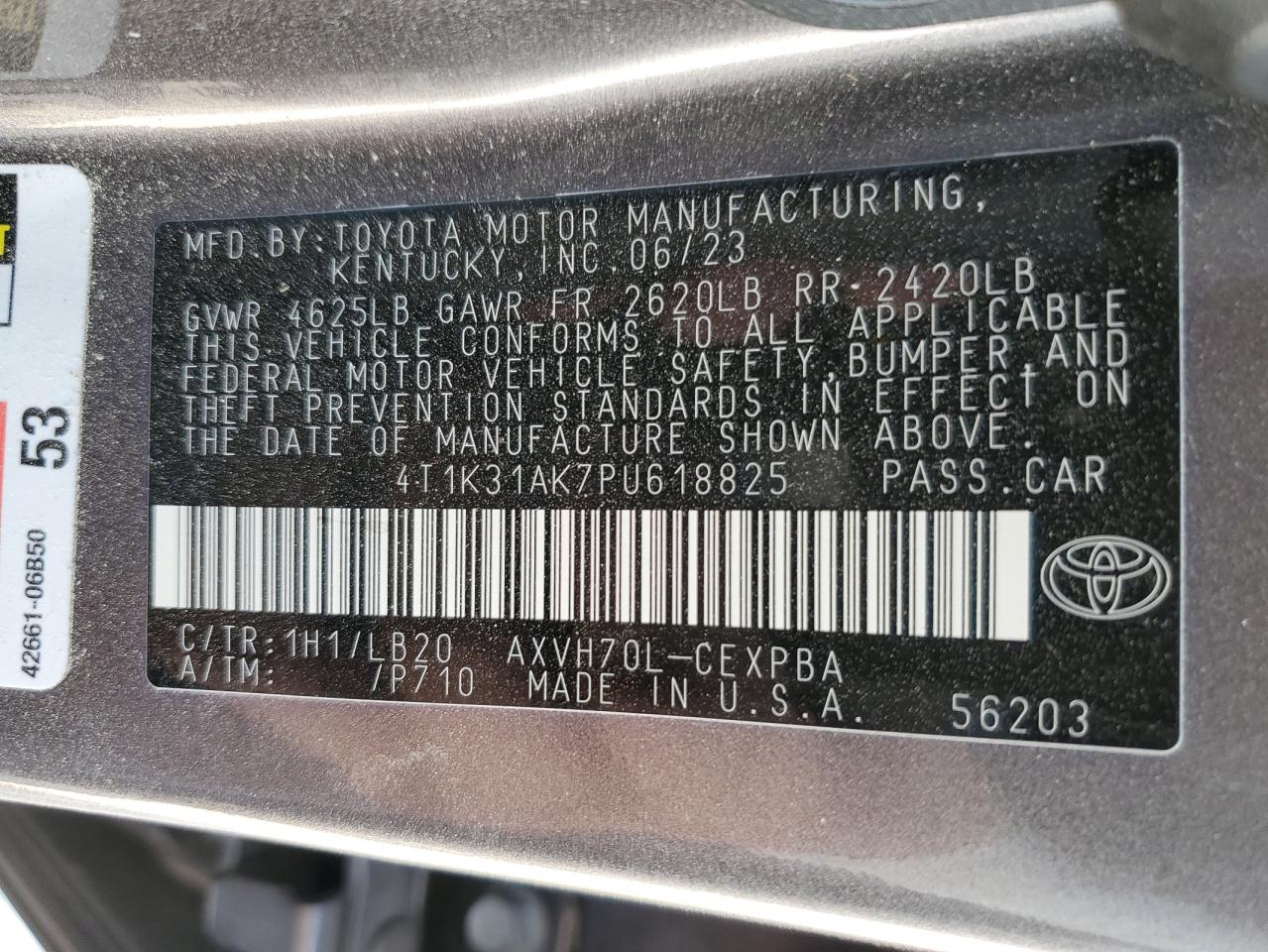 2023 TOYOTA CAMRY XSE VIN:4T1K31AK7PU618825