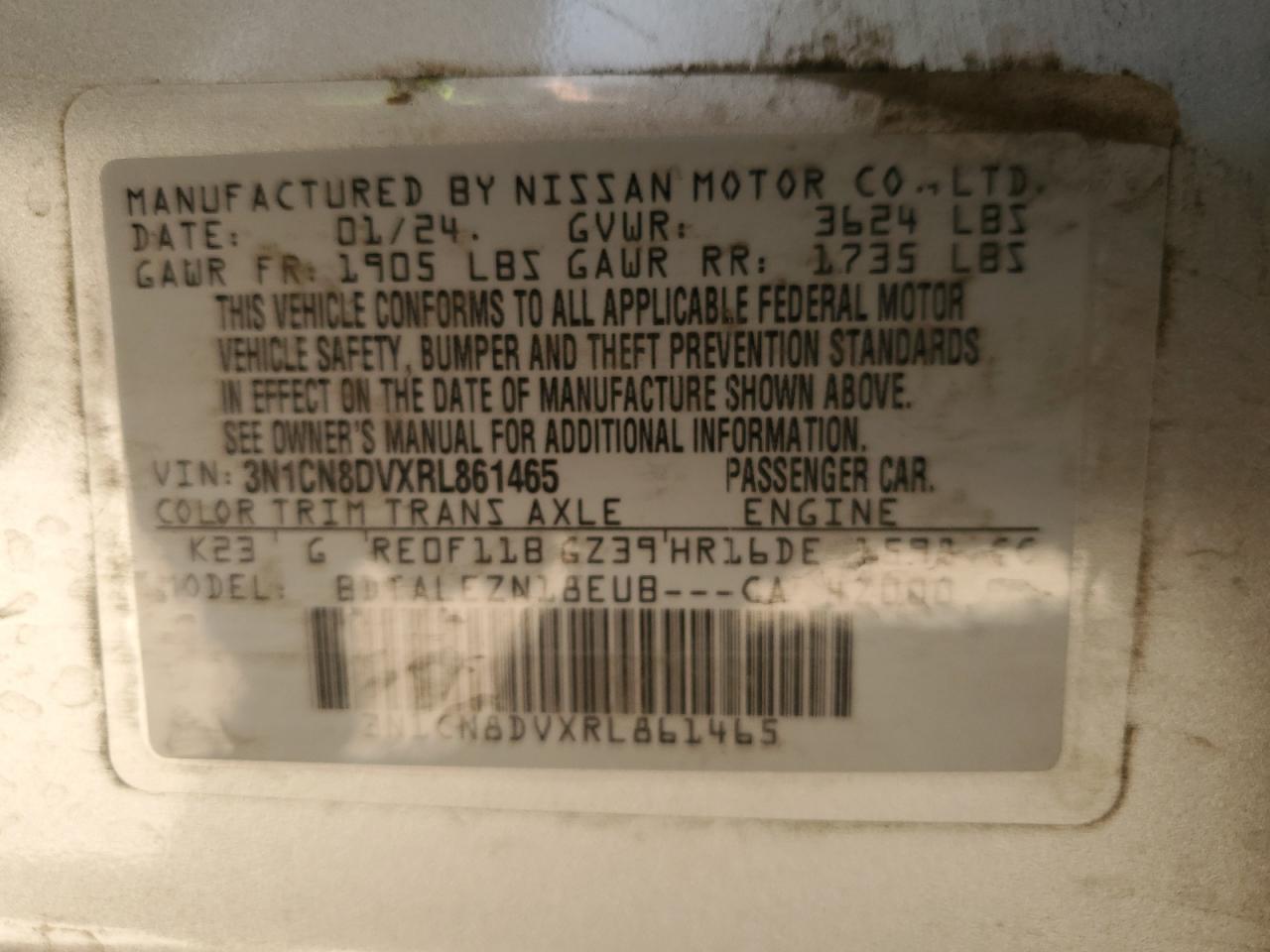 2024 NISSAN VERSA S VIN:3N1CN8DVXRL861465