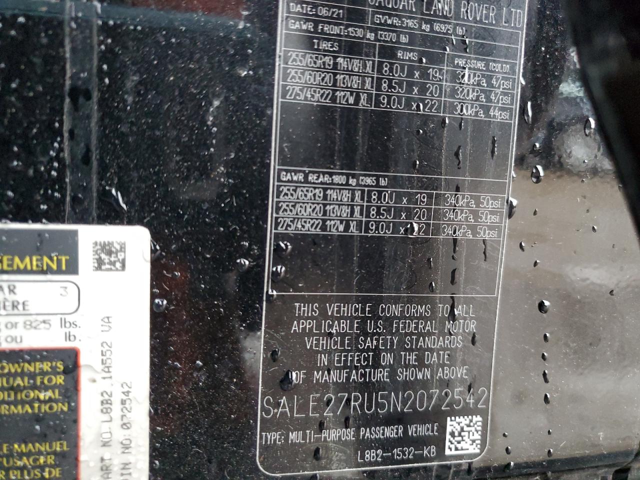 2022 LAND ROVER DEFENDER 110 X-DYNAMIC SE VIN:SALE27RU5N2072542