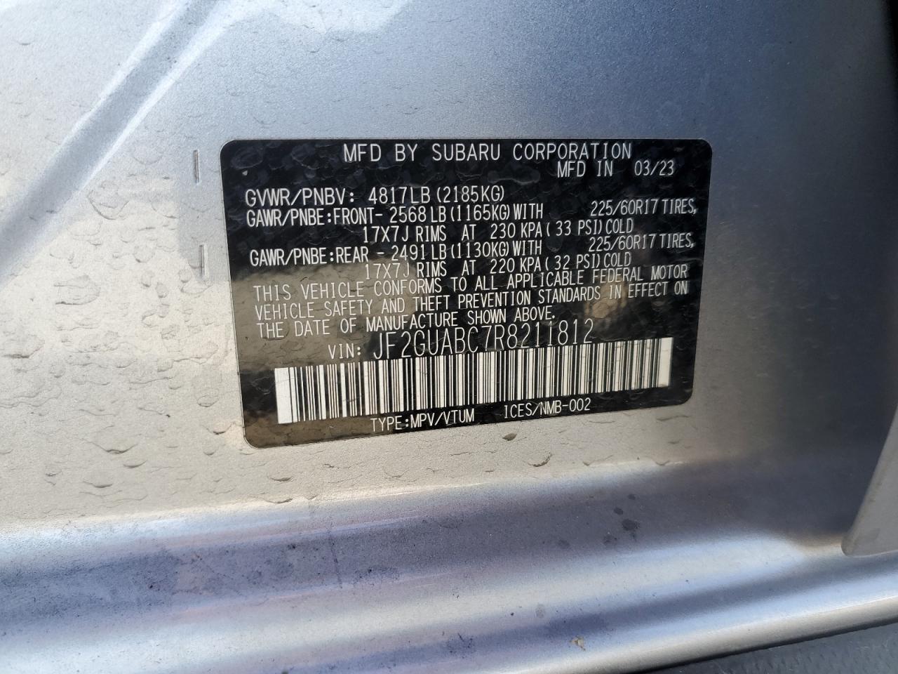 2024 SUBARU CROSSTREK VIN:JF2GUABC7R8211812