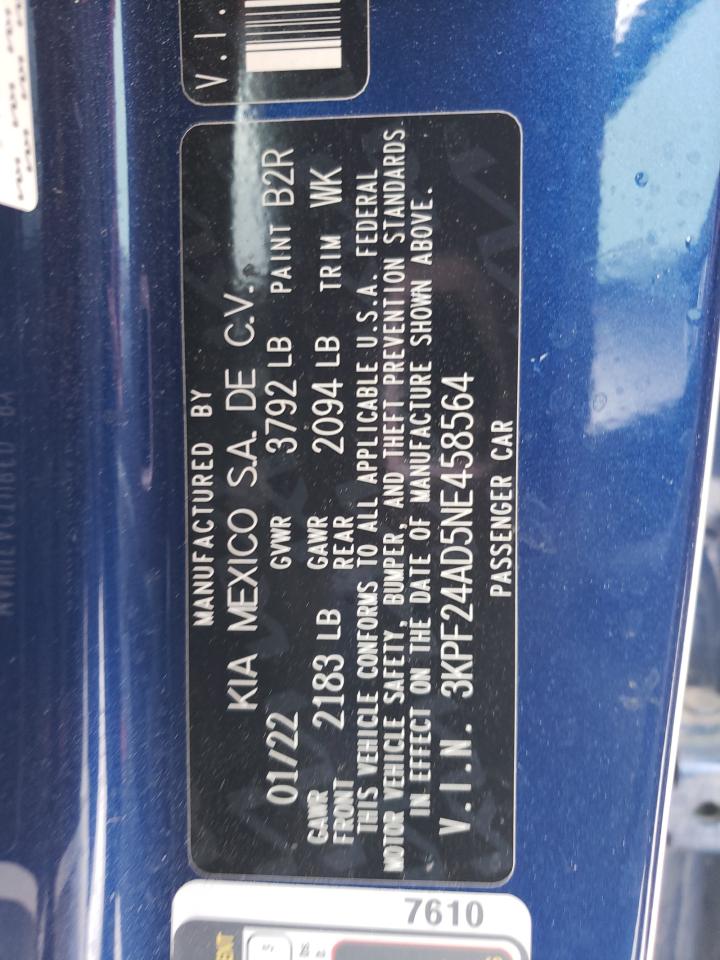 2022 KIA FORTE FE VIN:3KPF24AD5NE458564