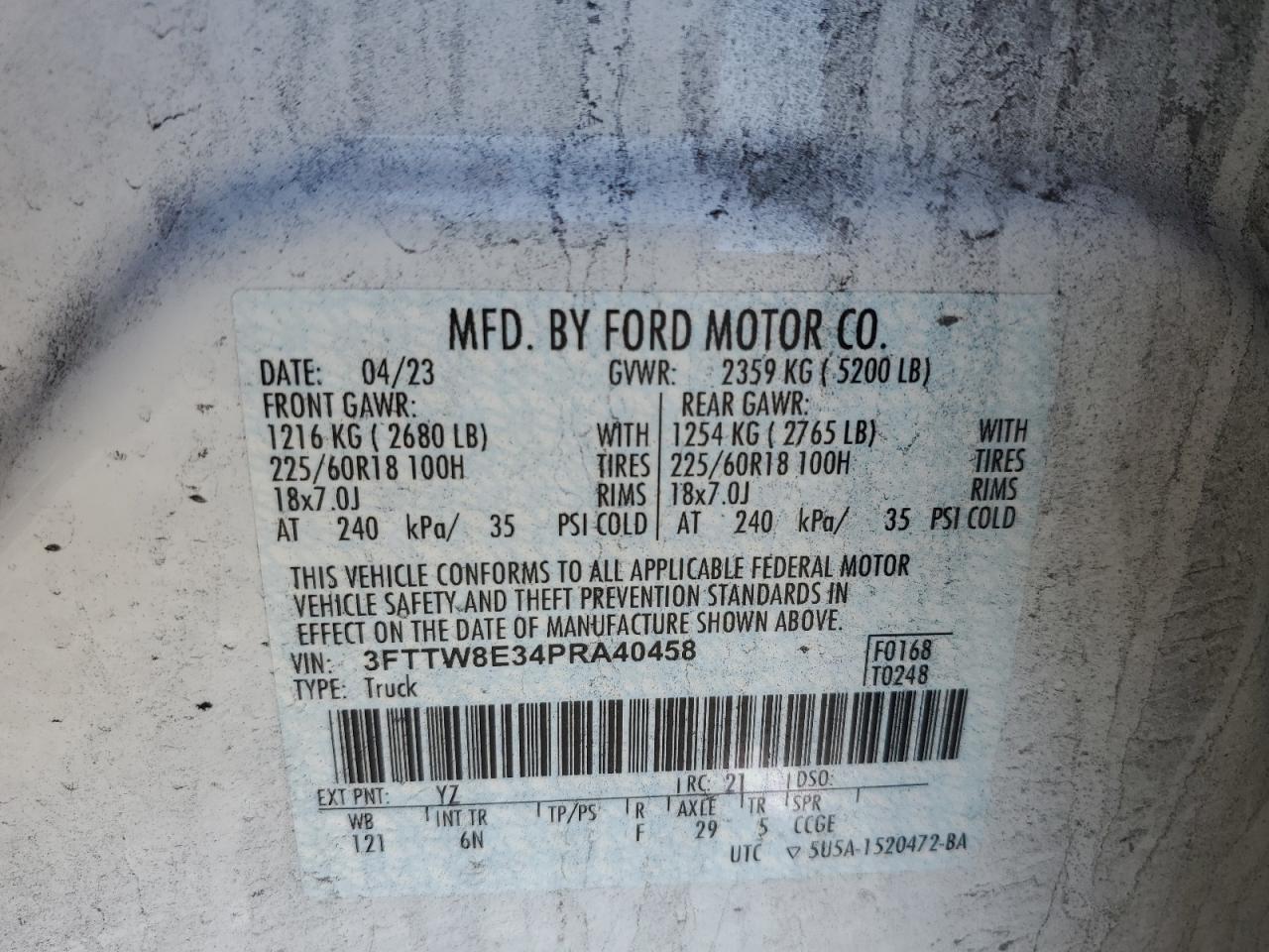 2023 FORD MAVERICK XL VIN:3FTTW8E34PRA40458