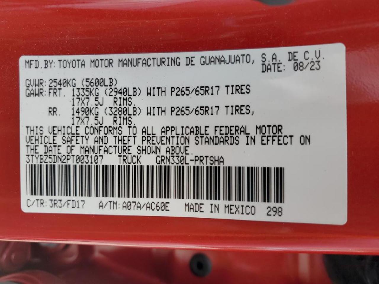 2023 TOYOTA TACOMA DOUBLE CAB VIN:3TYBZ5DN2PT003107