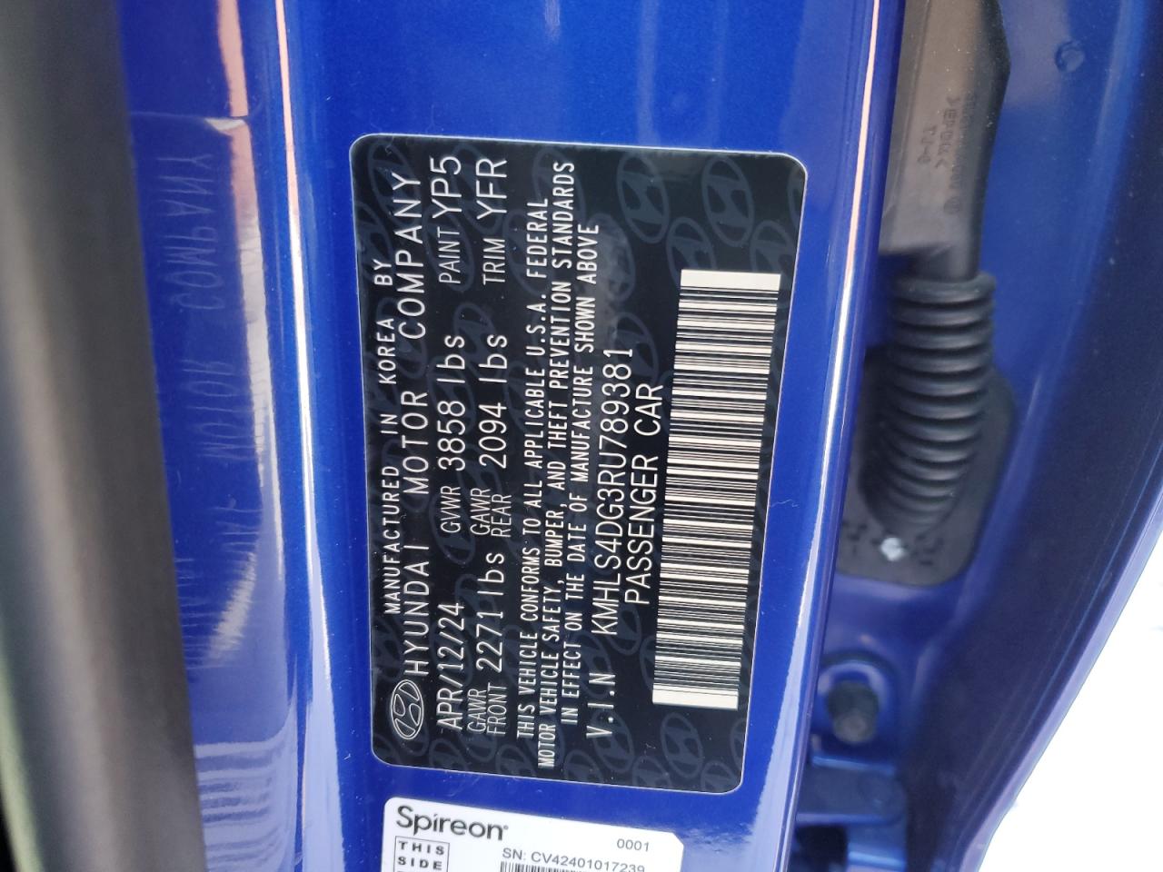 2024 HYUNDAI ELANTRA SEL VIN:KMHLS4DG3RU789381