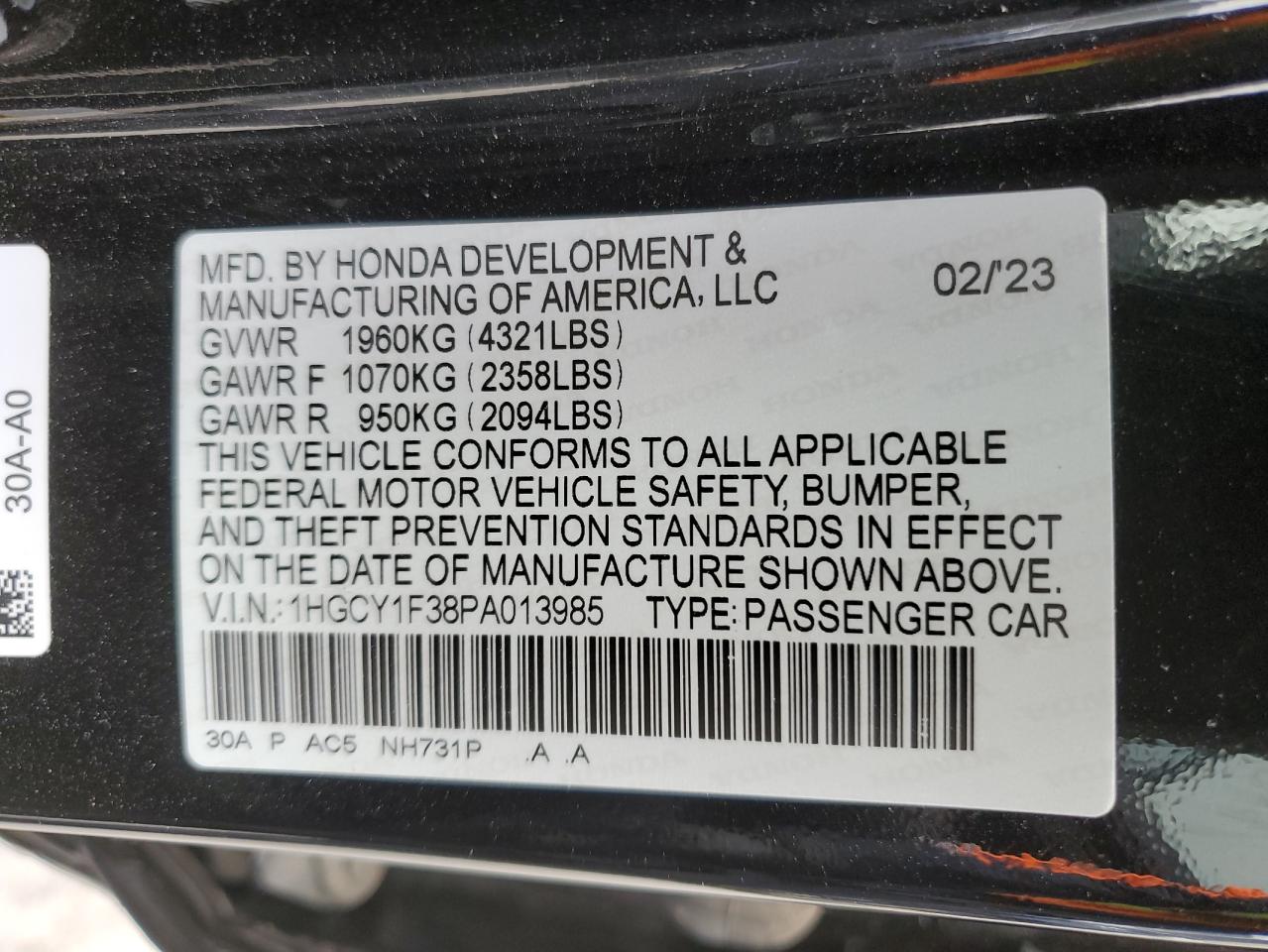 2023 HONDA ACCORD EX VIN:1HGCY1F38PA013985