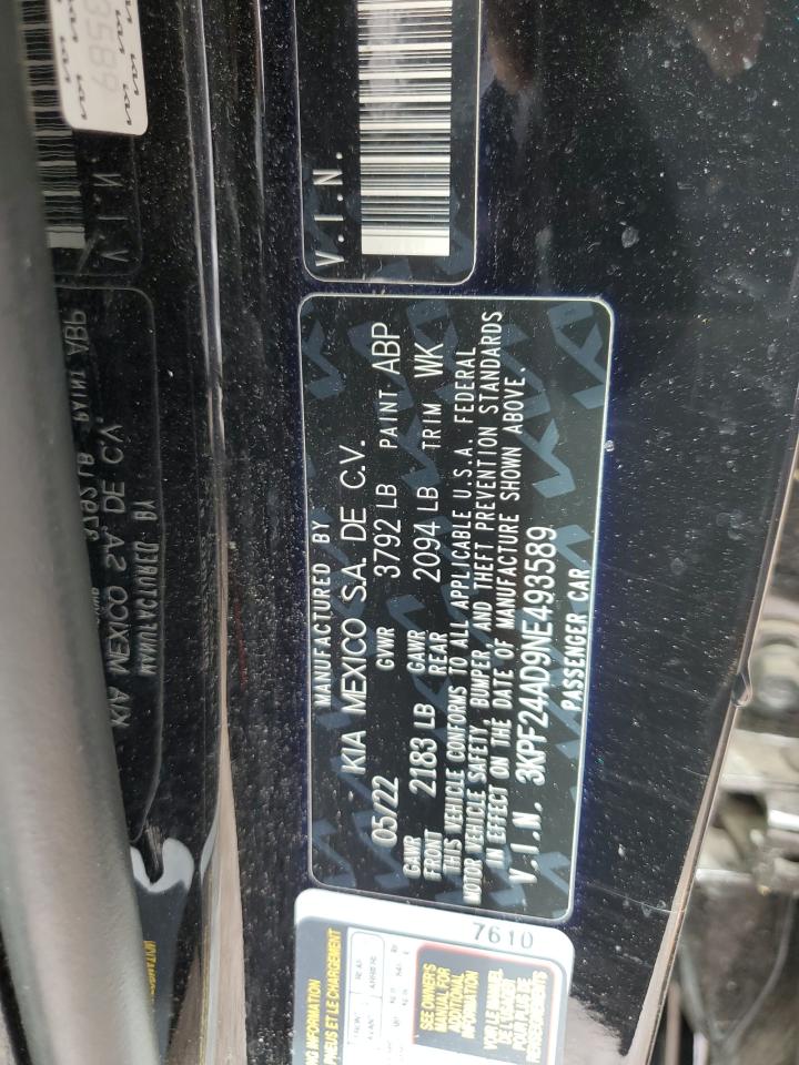 2022 KIA FORTE FE VIN:3KPF24AD9NE493589