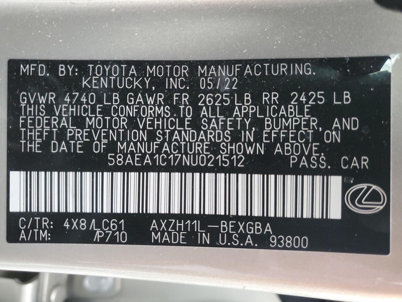 2022 LEXUS ES 300H BASE VIN:58AEA1C17NU021512