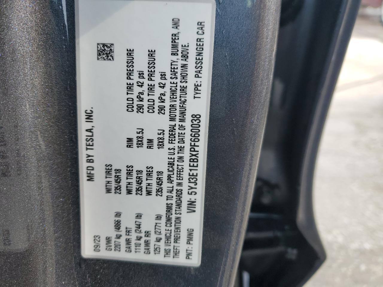 2023 TESLA MODEL 3 VIN:5YJ3E1EBXPF660038